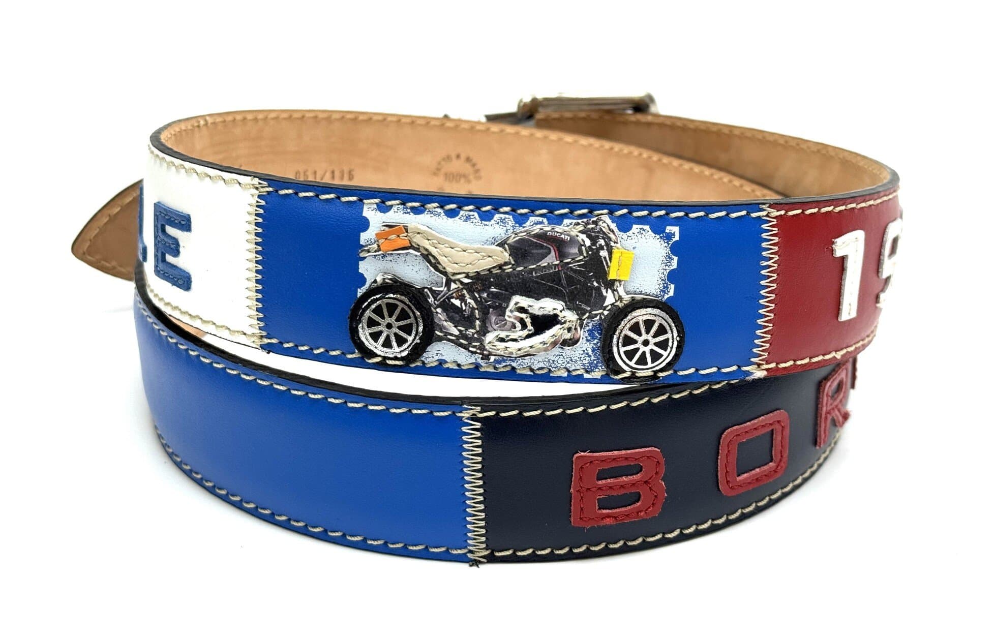 IMOLA: cintura vintage uomo in cuoio, BORGO PANIGALE, colore : MULTICOLOR, tema fantasia moto, cucite a mano, con applicazioni in pelle, Made in Italy