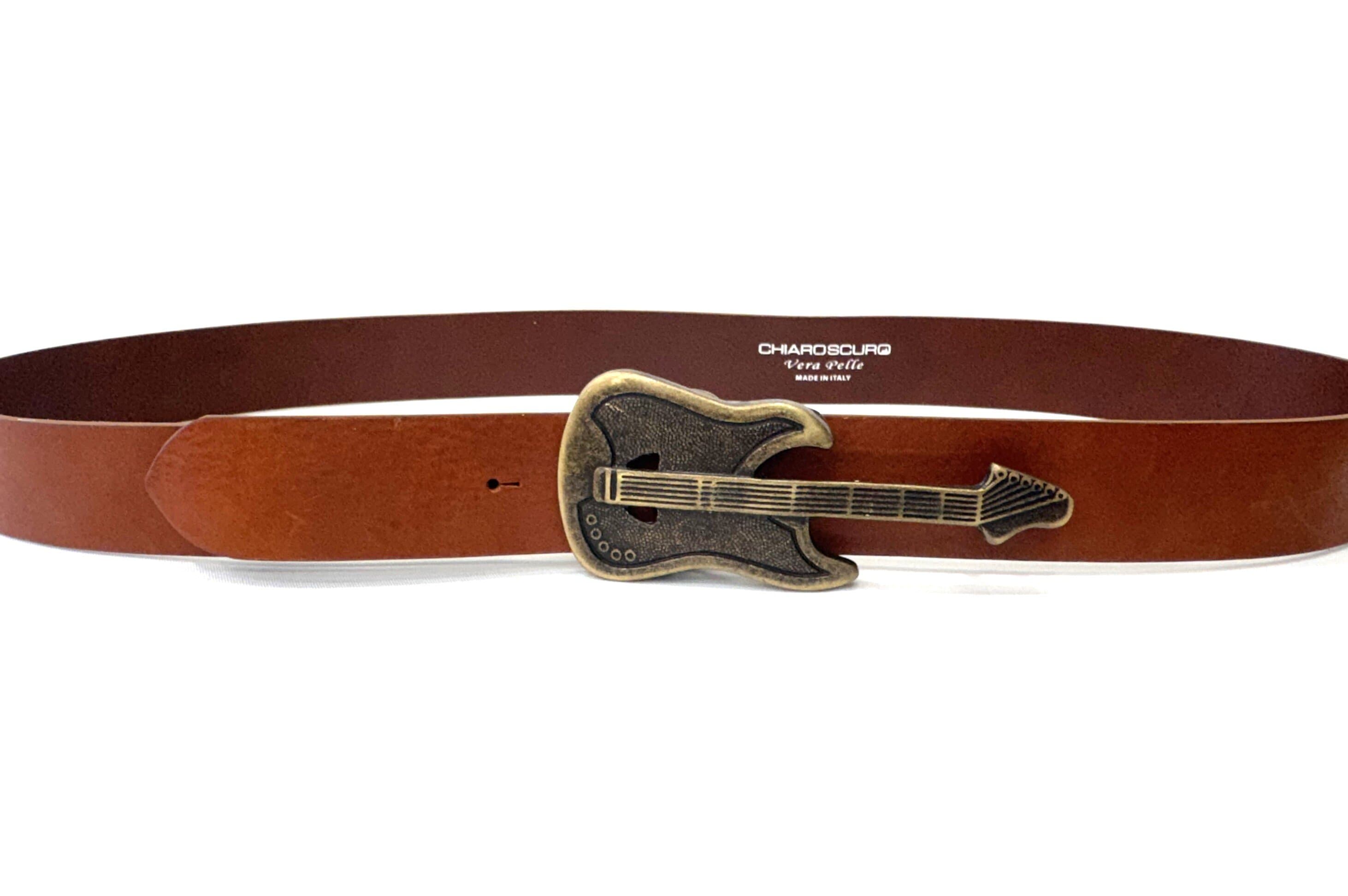 Cintura in vera pelle  CHIAROSCURO mod. GENOVA colore MARRONE, fibbia speciale chitarra oro, Made in Italy