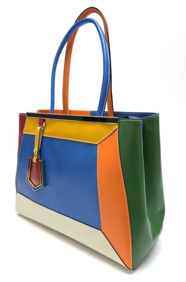 Borsa donna in vera pelle, CHIAROSCURO mod. HANA, base blu, colore MULTICOLORE / ESTIVO, Made in Italy