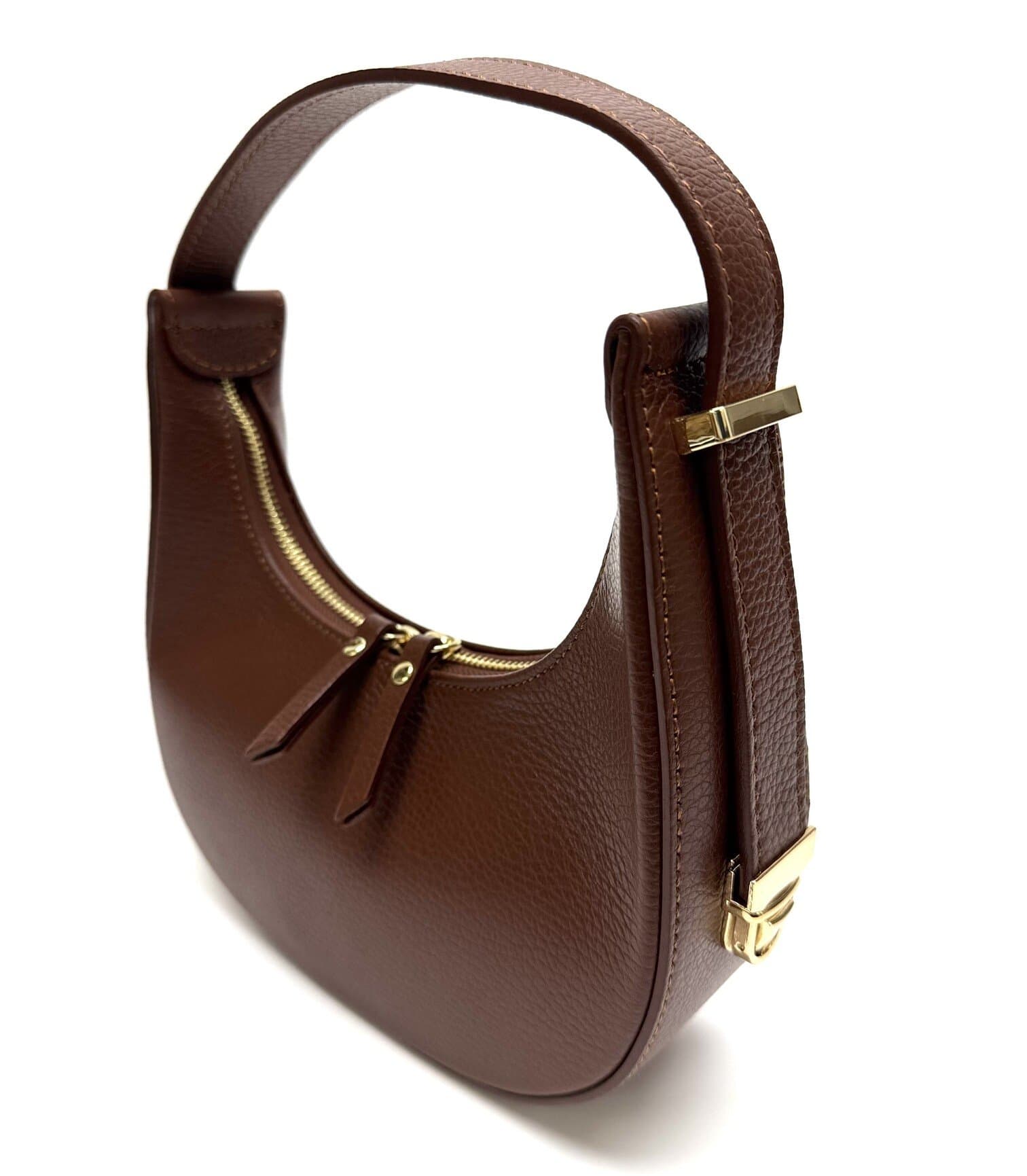 Borsa piccola in vera pelle martellata, modello MOANA, colore MARRONE, CHIAROSCURO, Made in Italy