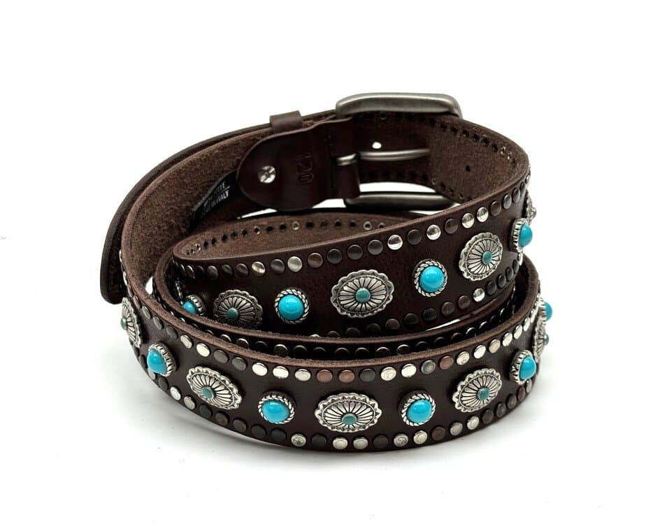 Cintura unisex in vera pelle SEDONA, colore TESTA DI MORO, con borchie e pietre blu, CHIAROSCURO, Made in Italy