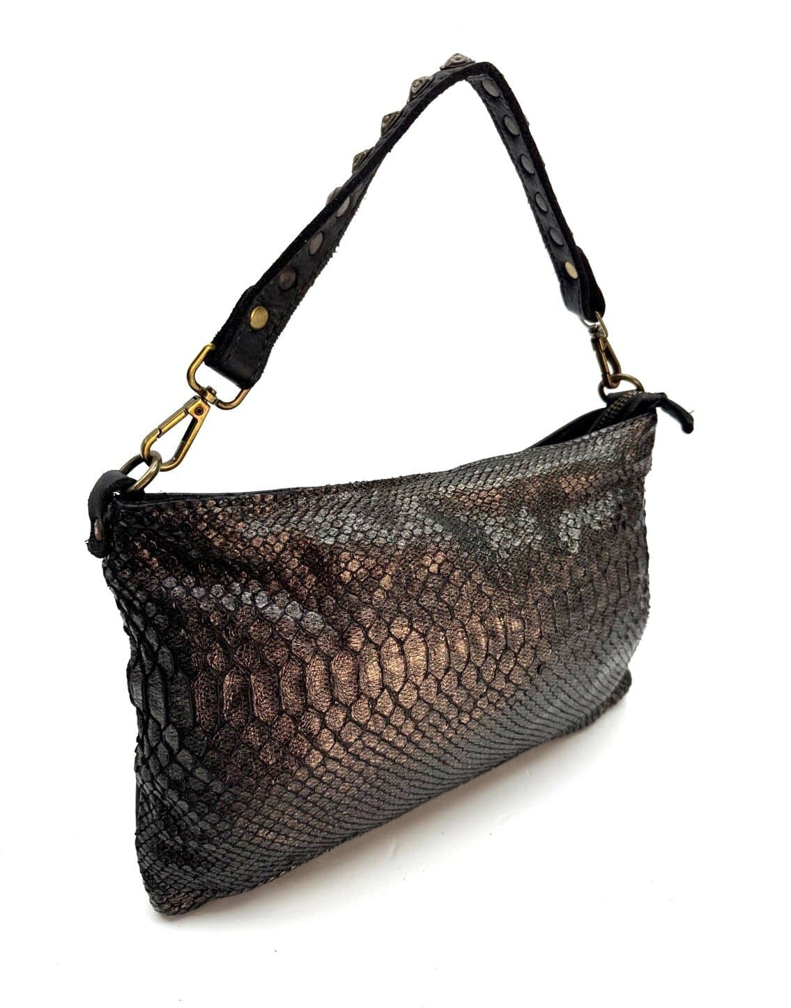 Genuine vintage leather and piton bag for woman ZELDA, colour COPPER BLACK, CHIAROSCURO, Made in Italy