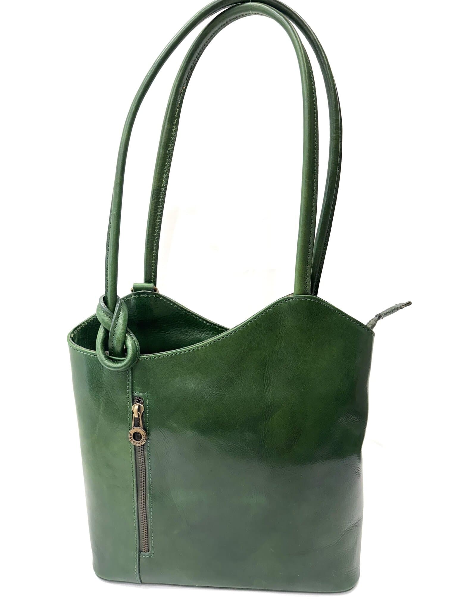 Borsa zaino donna MONTE ARGENTERA in vera pelle tamponata, colore VERDE SCURO, CHIAROSCURO, Made in Italy