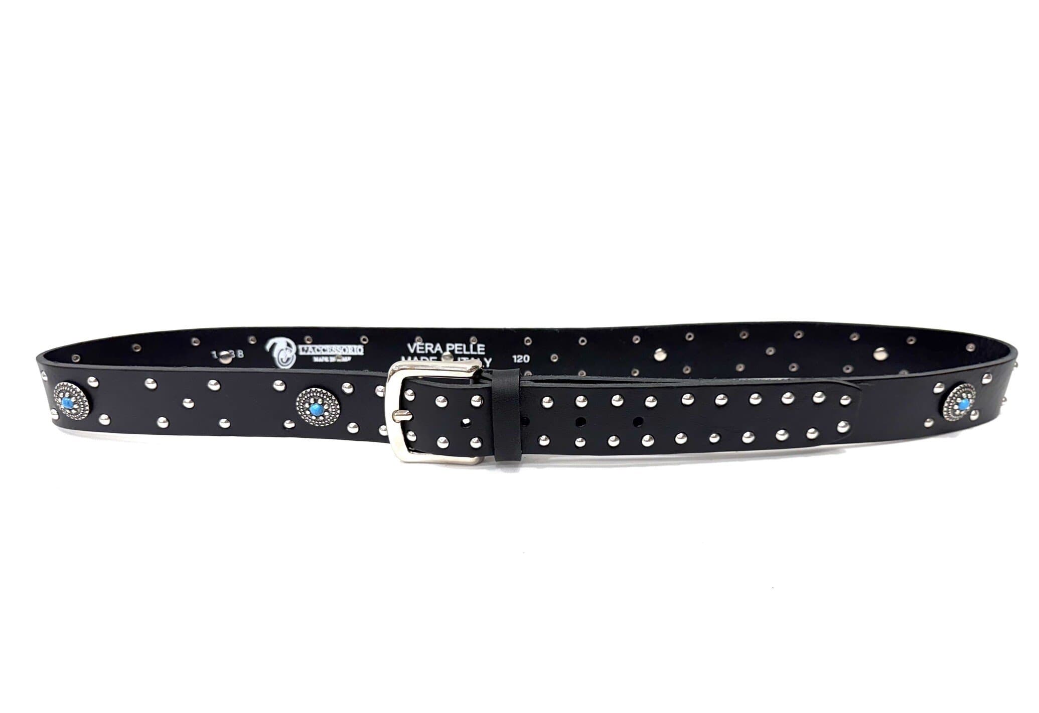 Cintura unisex in vera pelle ANGHIARI, colore NERO, con borchie e pietre blu, CHIAROSCURO, Made in Italy