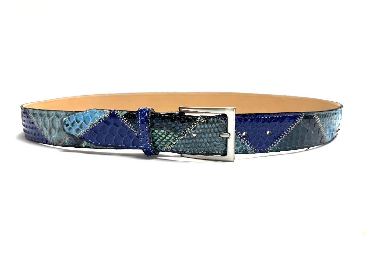 Cintura uomo TRIPOLI C50,vera pelle pitone, BLU/AZZURRO/VERDE ACQUA, CITES CHIAROSCURO, Made in Italy