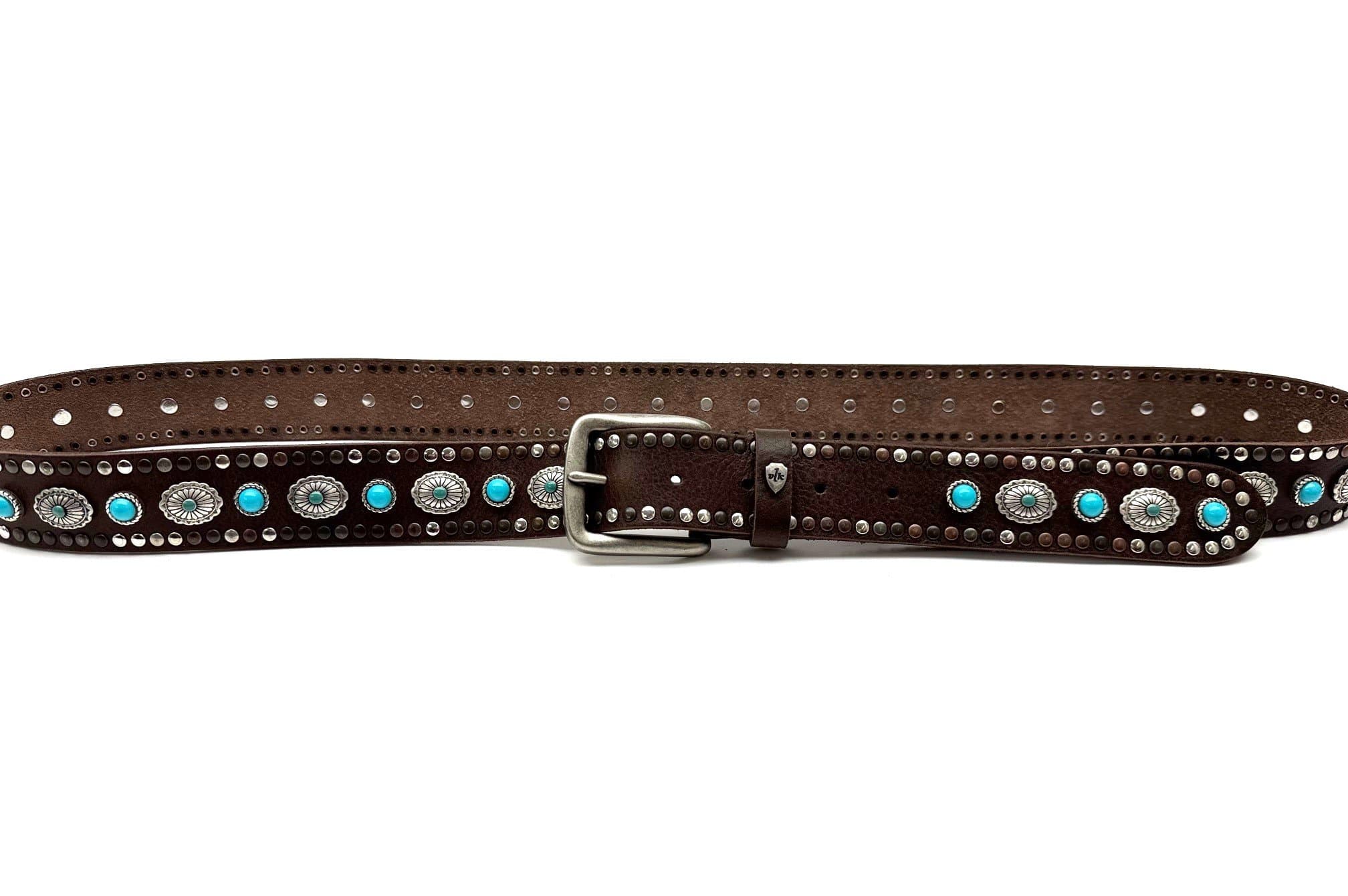 Cintura unisex in vera pelle SEDONA, colore TESTA DI MORO, con borchie e pietre blu, CHIAROSCURO, Made in Italy