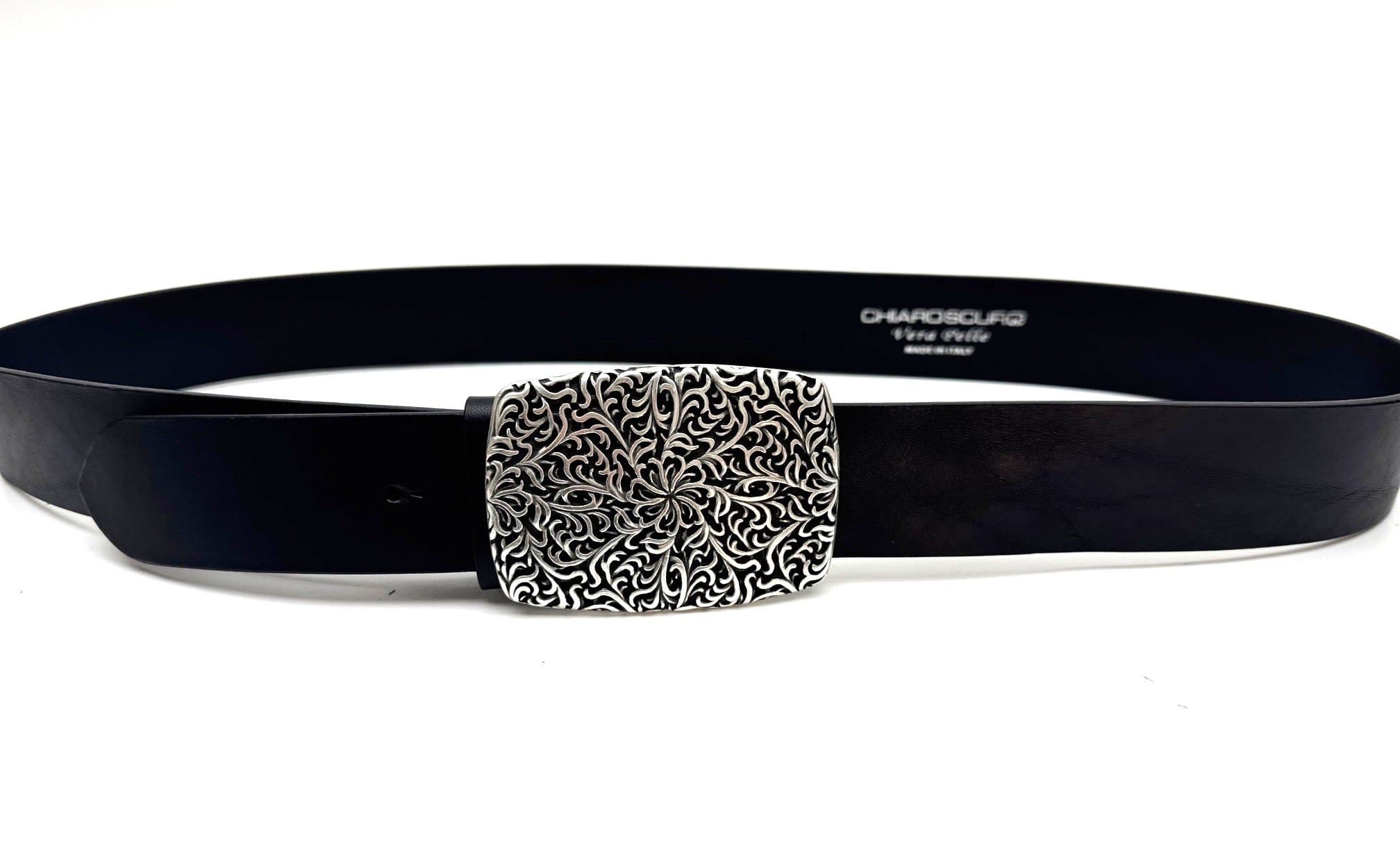 Cintura in vera pelle da uomo AUSTIN - NATURA, colore NERO, fibbia speciale argento, CHIAROSCURO, Made in Italy