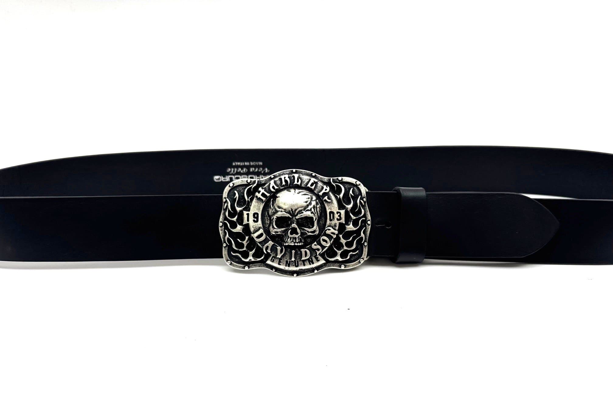 Cintura in  vera pelle da uomo DENVER - TESCHIO HARLEY DAVIDSON, colore NERO, fibbia speciale, CHIAROSCURO, Made in Italy