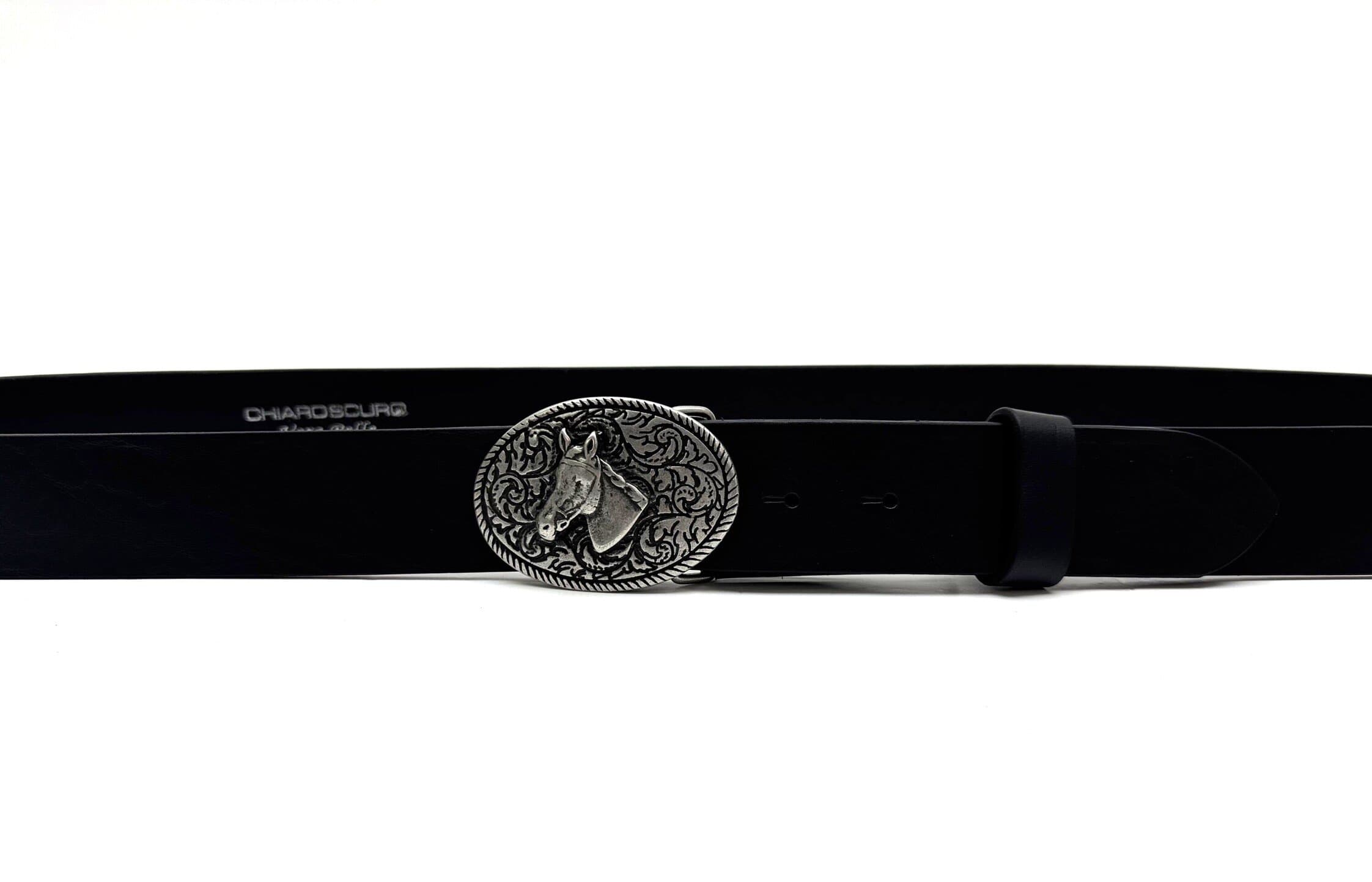 Cintura in  vera pelle CHIAROSCURO mod. GENOVA - CAVALLO, colore NERO, fibbia speciale argento, Made in Italy