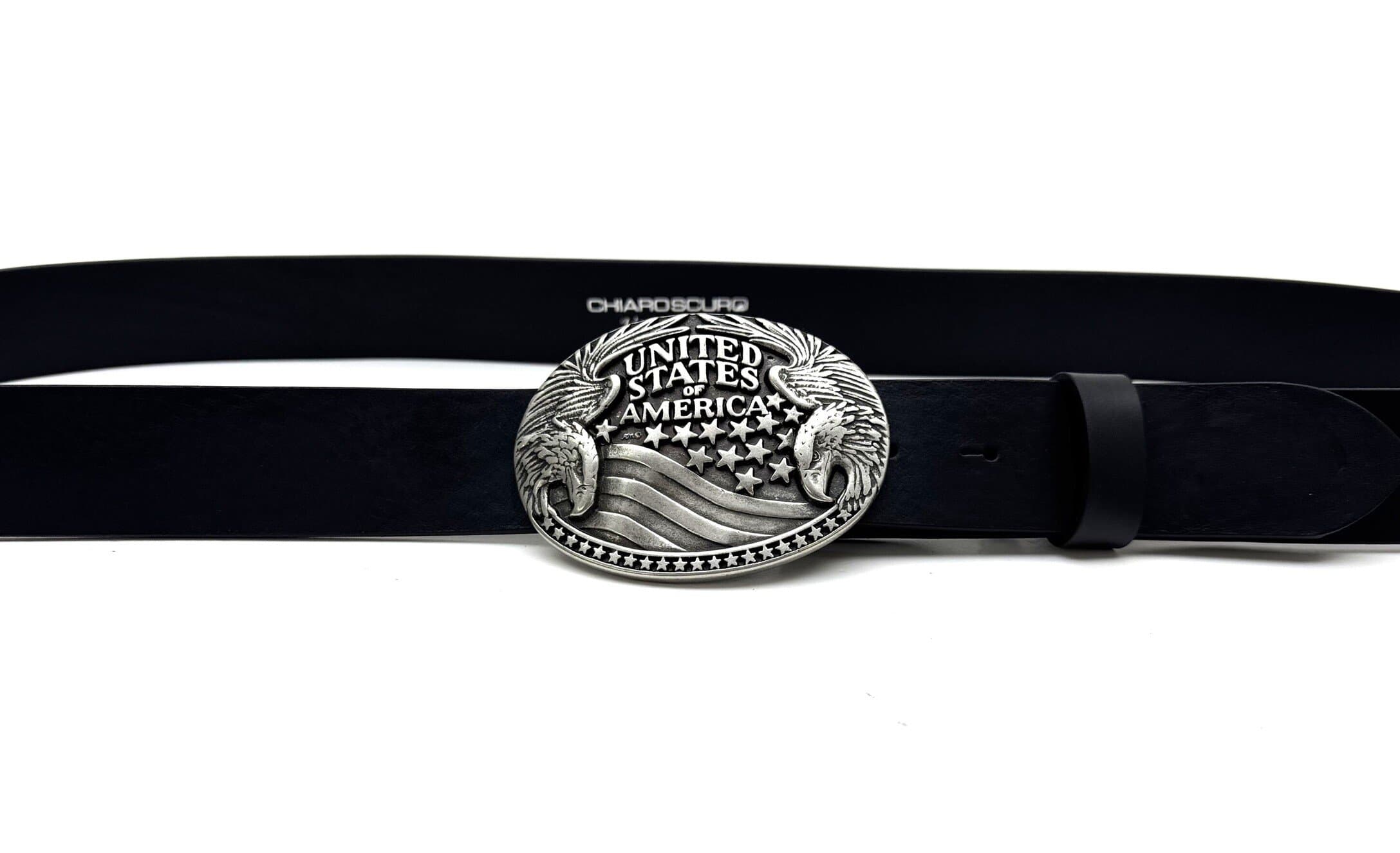 Cintura in vera pelle da uomo OREGON - USA, colore NERO, fibbia speciale colore argento, CHIAROSCURO, Made in Italy