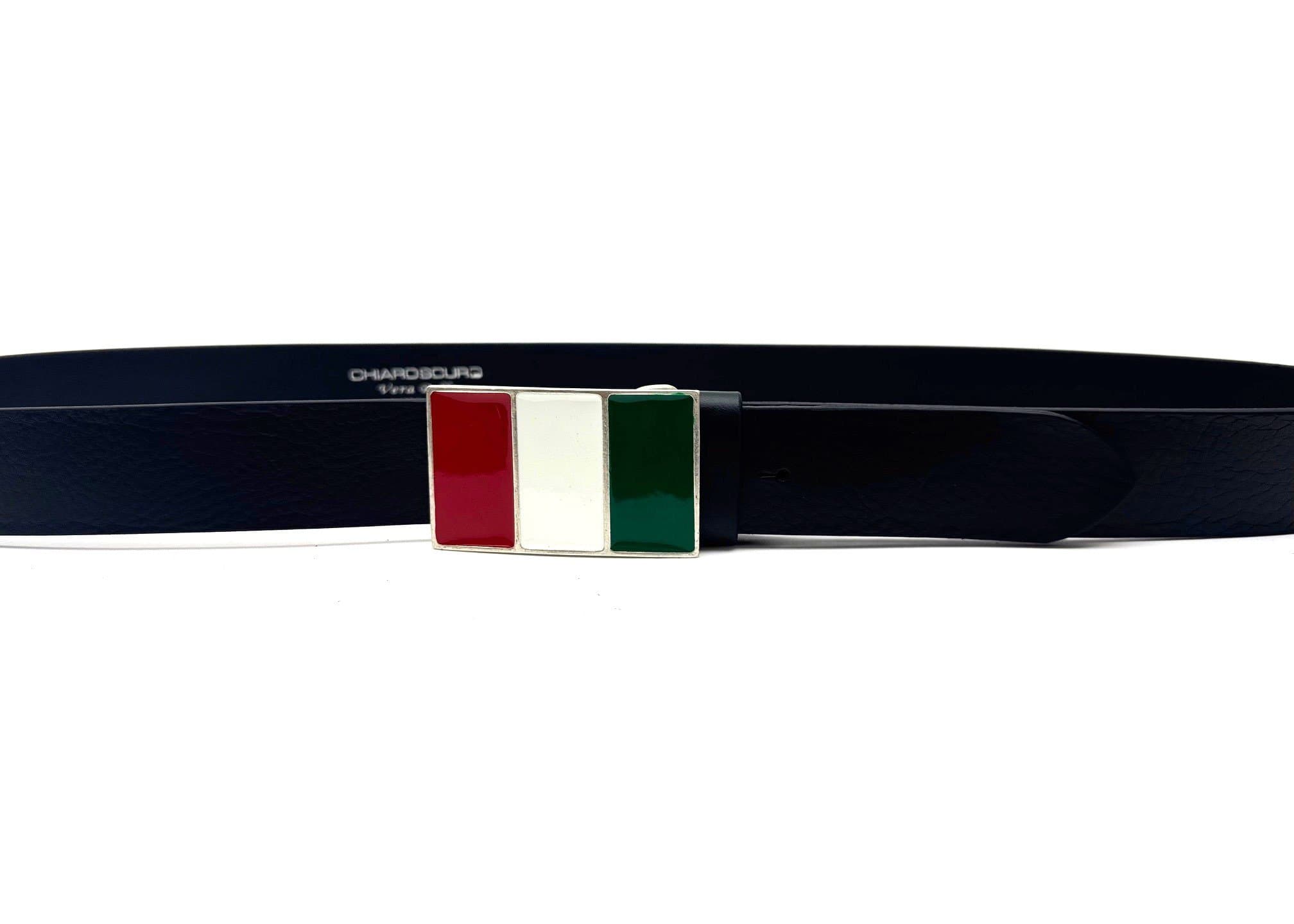 Cintura uomo in vera pelle CHIAROSCURO mod. GENOVA - BANDIERA ITALIA, colore NERO, fibbia speciale, Made in Italy