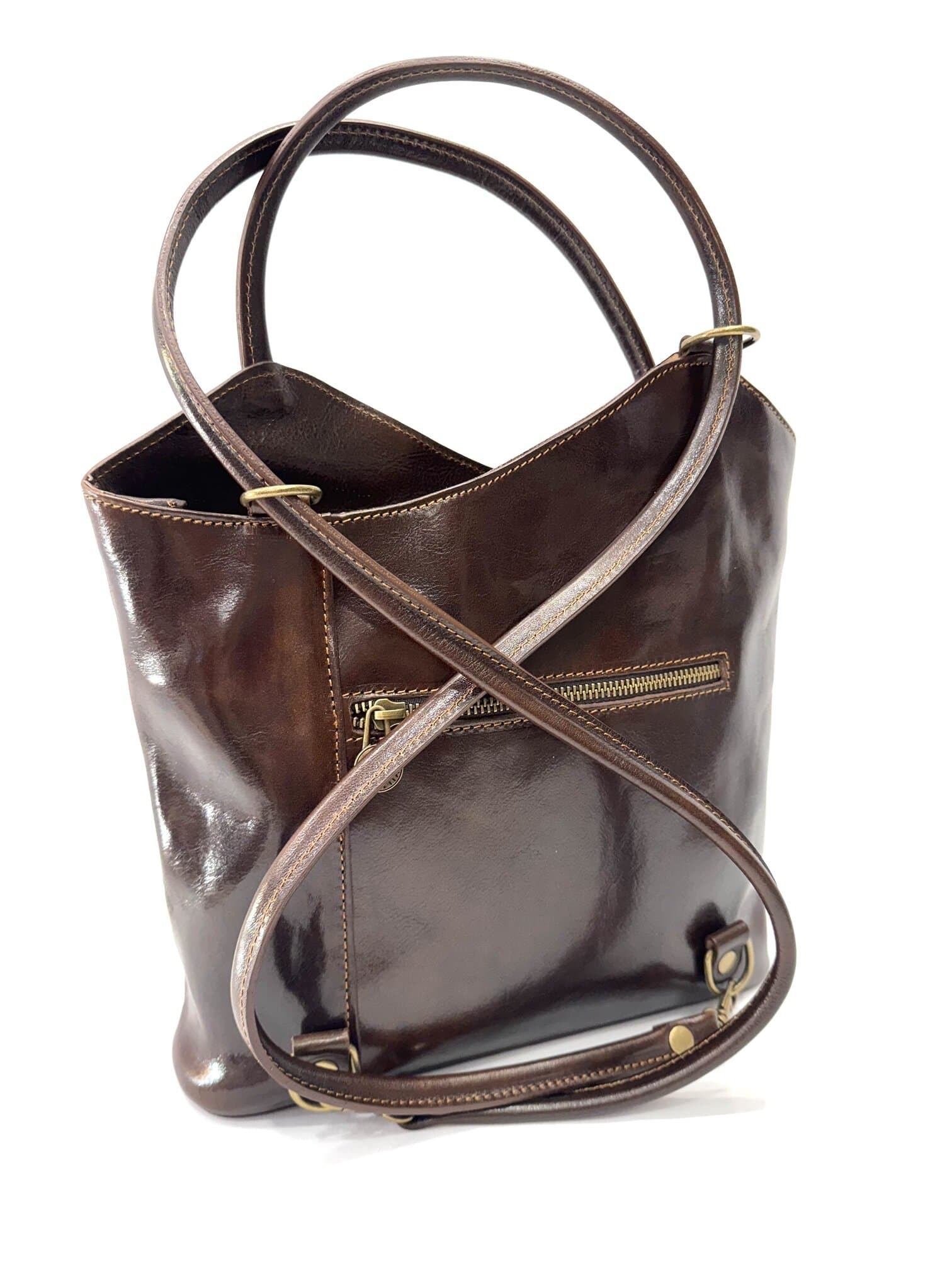 Borsa zaino donna MONTE ARGENTERA in vera pelle tamponata, colore TESTA DI MORO, CHIAROSCURO, Made in Italy