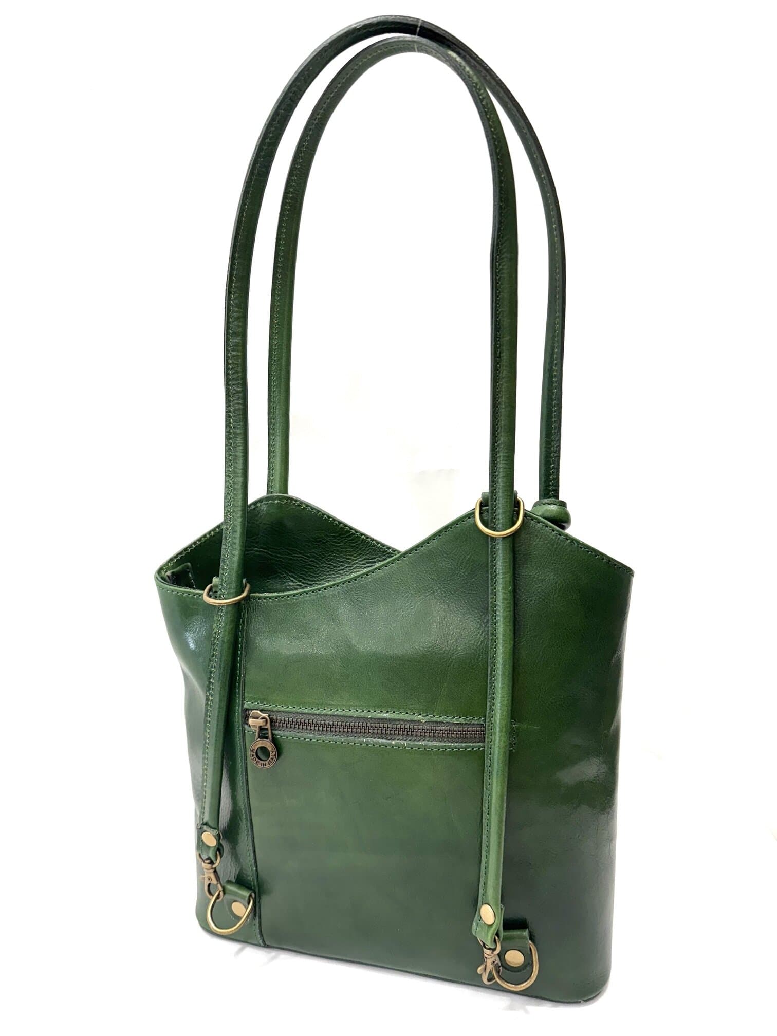 Borsa zaino donna MONTE ARGENTERA in vera pelle tamponata, colore VERDE SCURO, CHIAROSCURO, Made in Italy