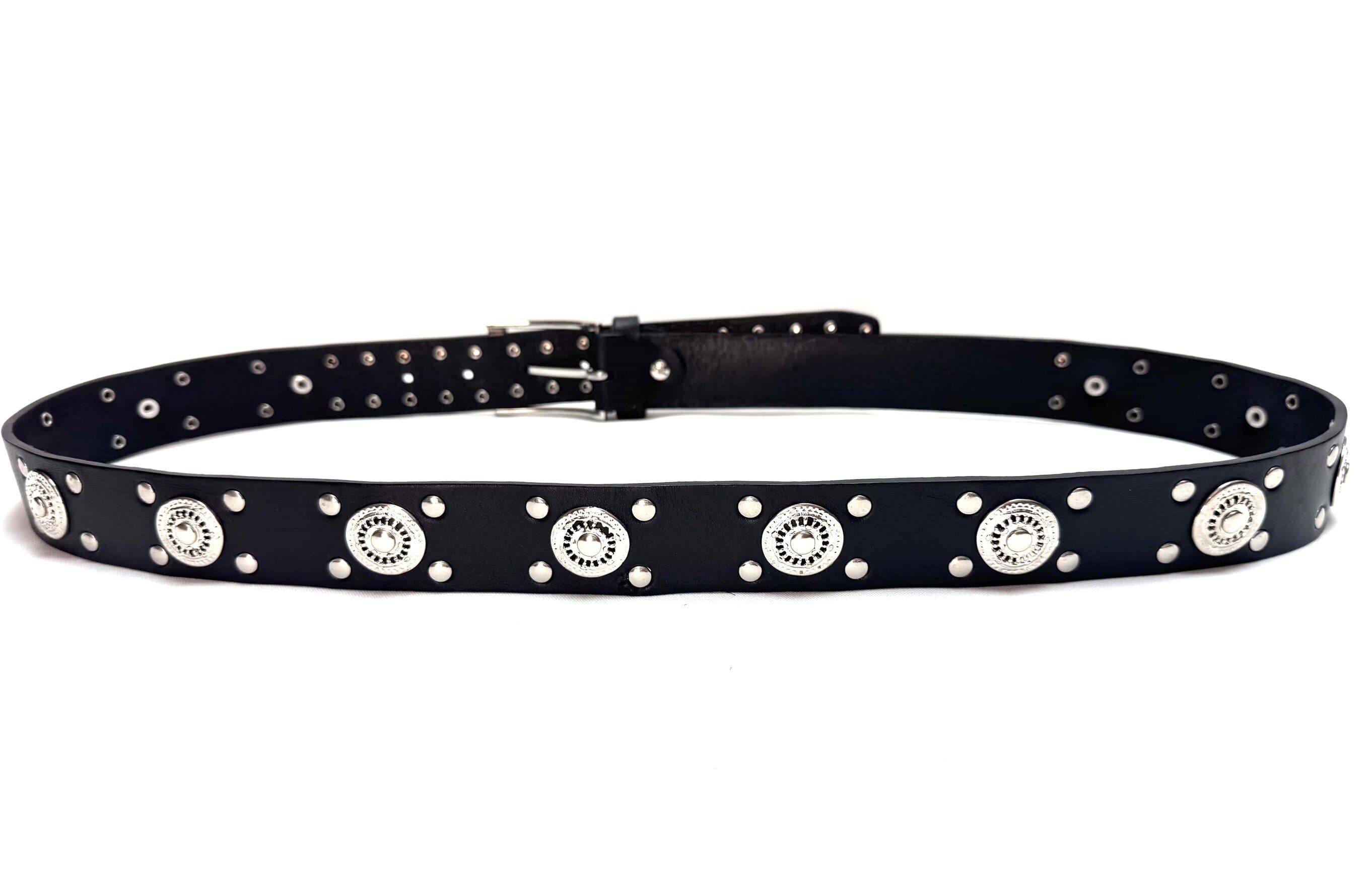 Cintura unisex in vera pelle ANGHIARI, colore NERO, con borchie, CHIAROSCURO, Made in Italy