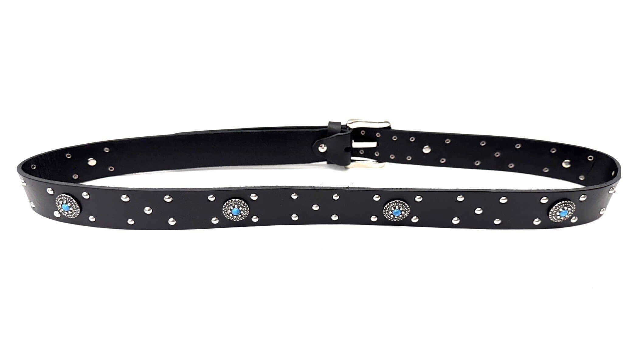 Cintura unisex in vera pelle ANGHIARI, colore NERO, con borchie e pietre blu, CHIAROSCURO, Made in Italy