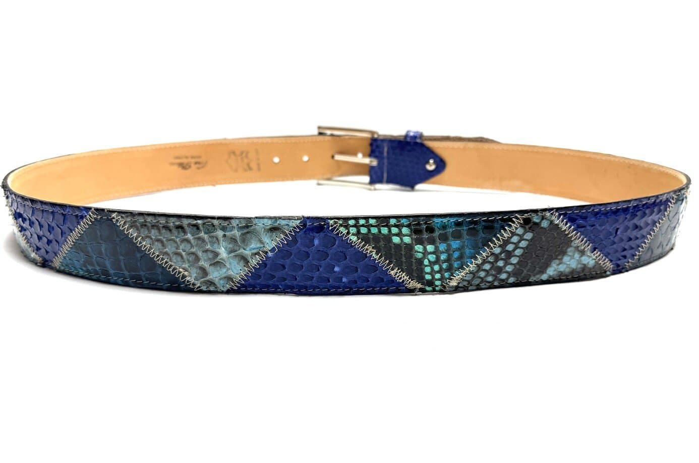 Cintura uomo TRIPOLI C50,vera pelle pitone, BLU/AZZURRO/VERDE ACQUA, CITES CHIAROSCURO, Made in Italy
