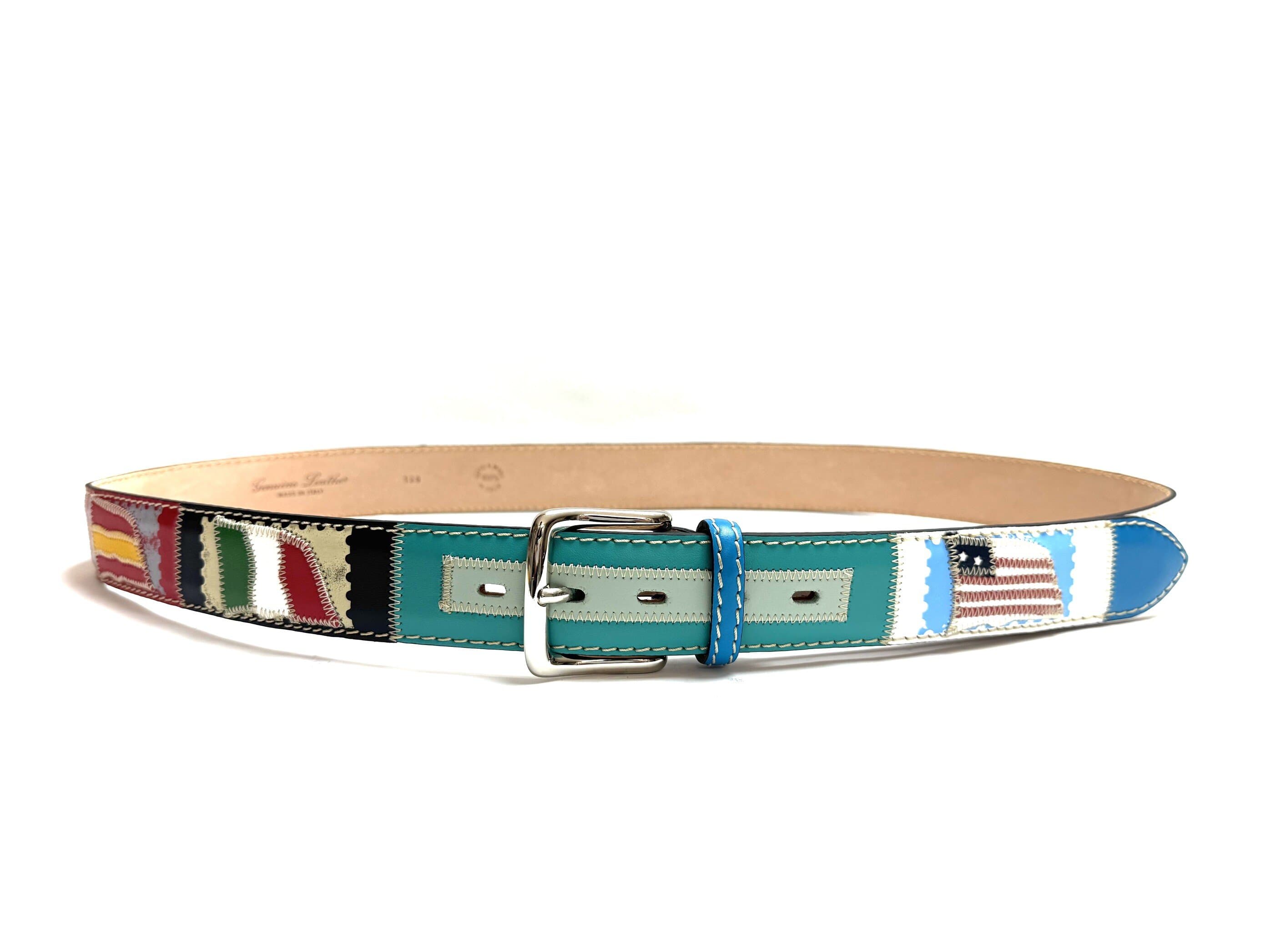 Cintura uomo in vera pelle BASILEA, colore BIANCO, con bandiere nazioni cucite a mano in pelle, con applicazioni in pelle, SANTINI, Made in Italy.