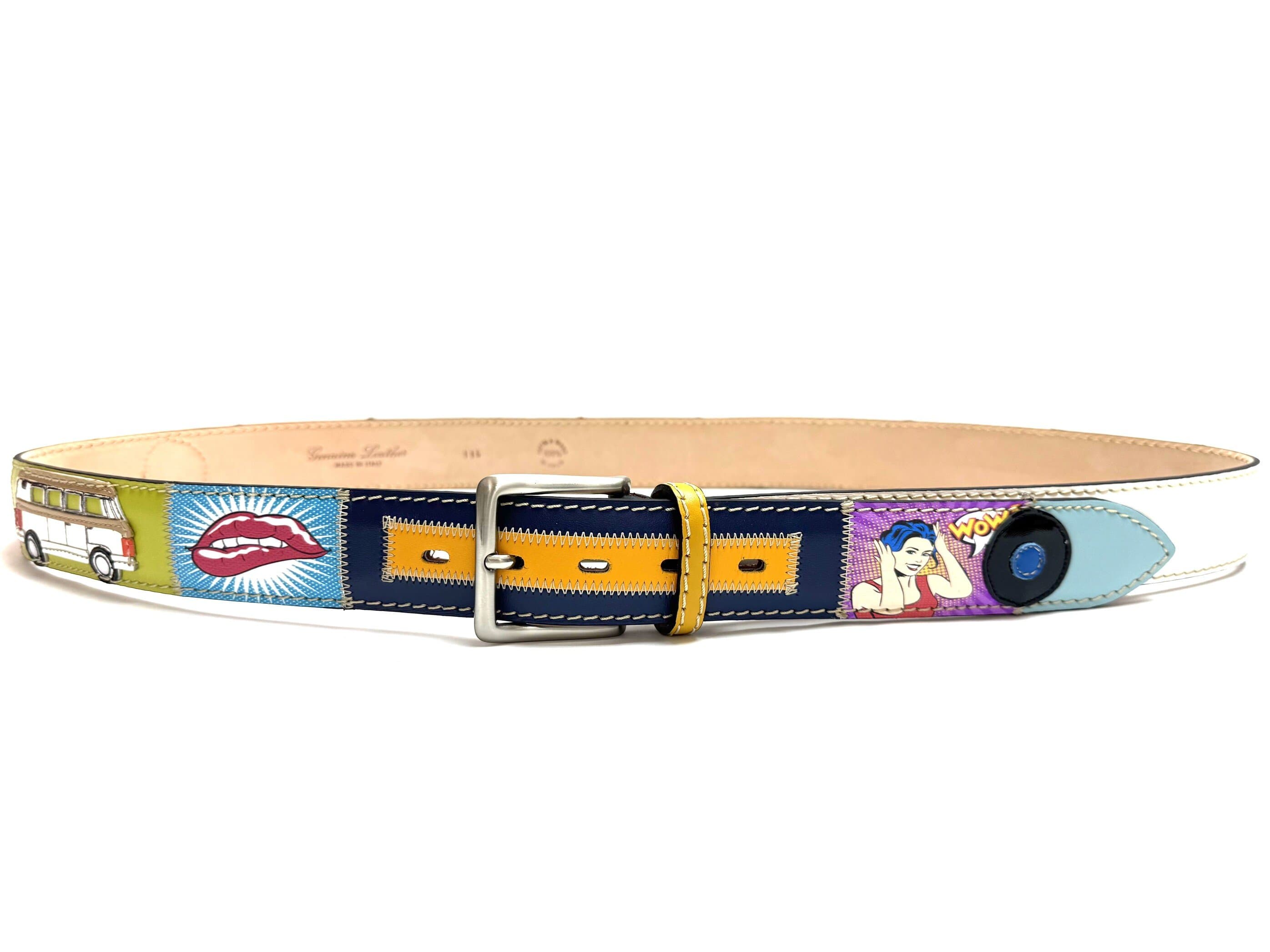 Cintura vintage uomo in vera pelle  KINGSTON DISCO MUSIC, colore MULTICOLOR, anni 50' e'60 con dettagli  musicali cuciti a mano in pelle, con applicazioni in pelle, SANTINI, Made in Italy