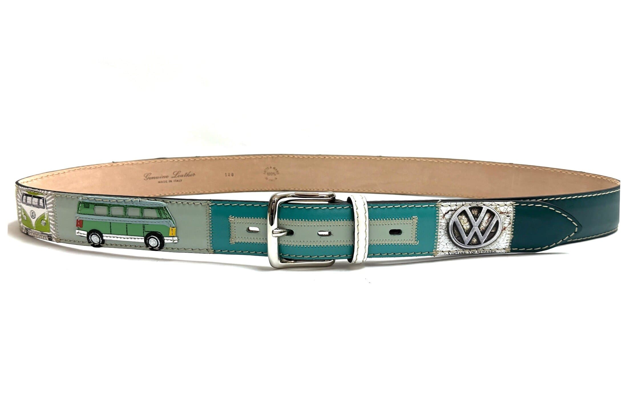 Cintura vintage uomo in vera pelle HANNOVER, colore MULTICOLOR, base VERDE, con applicazioni auto cucite a mano in pelle, SANTINI, Made in Italy