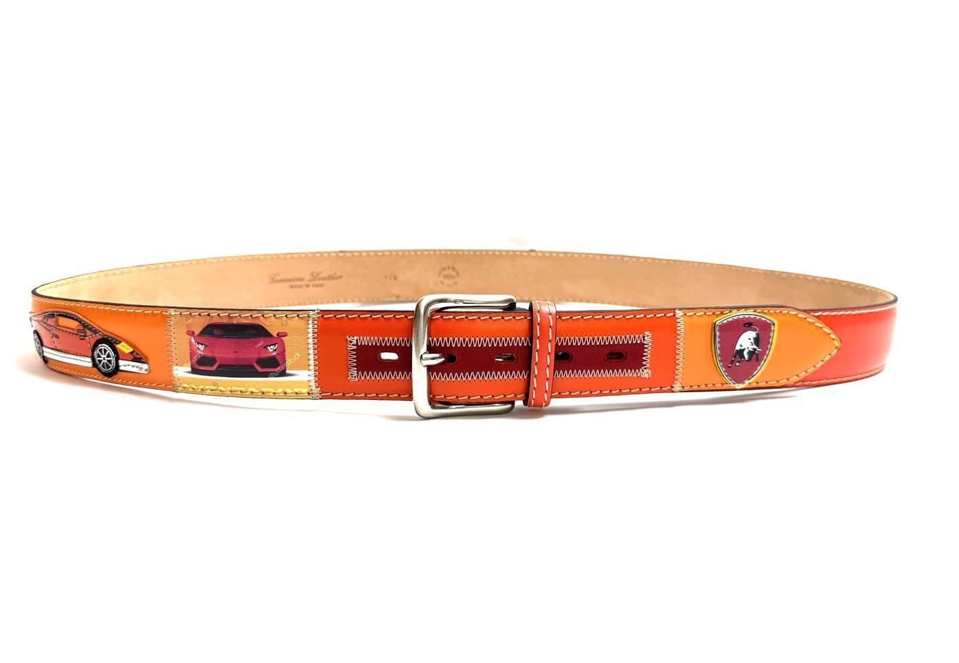 Cintura vintage uomo in vera pelle AMBURGO, colore MULTICOLOR, base ARANCIO, cucite a mano con applicazioni macchine in pelle, SANTINI, Made in Italy
