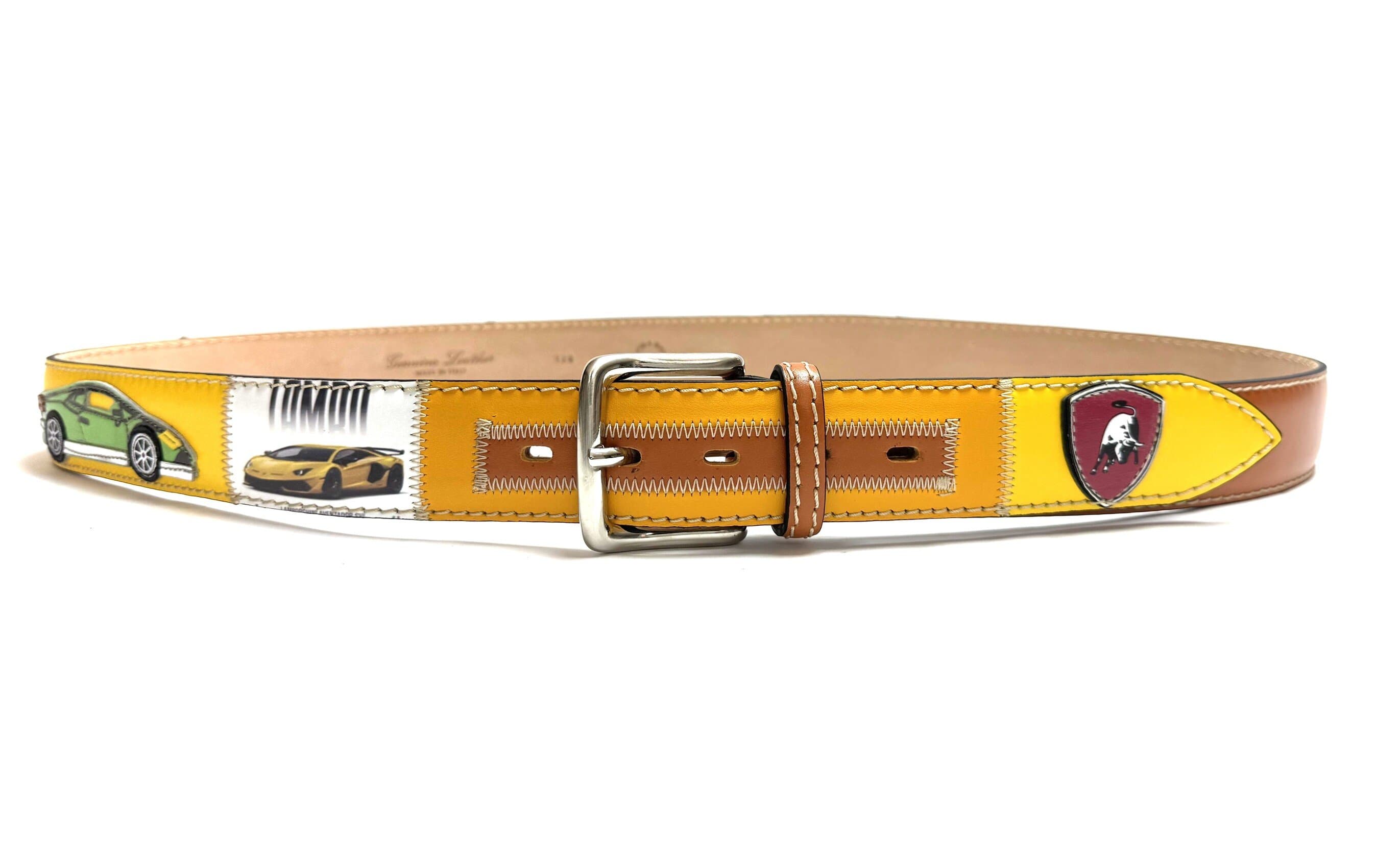 Cintura vintage uomo in vera pelle AMBURGO, colore MULTICOLOR, base GIALLO, cucite a mano con applicazioni macchine in pelle, SANTINI, Made in Italy