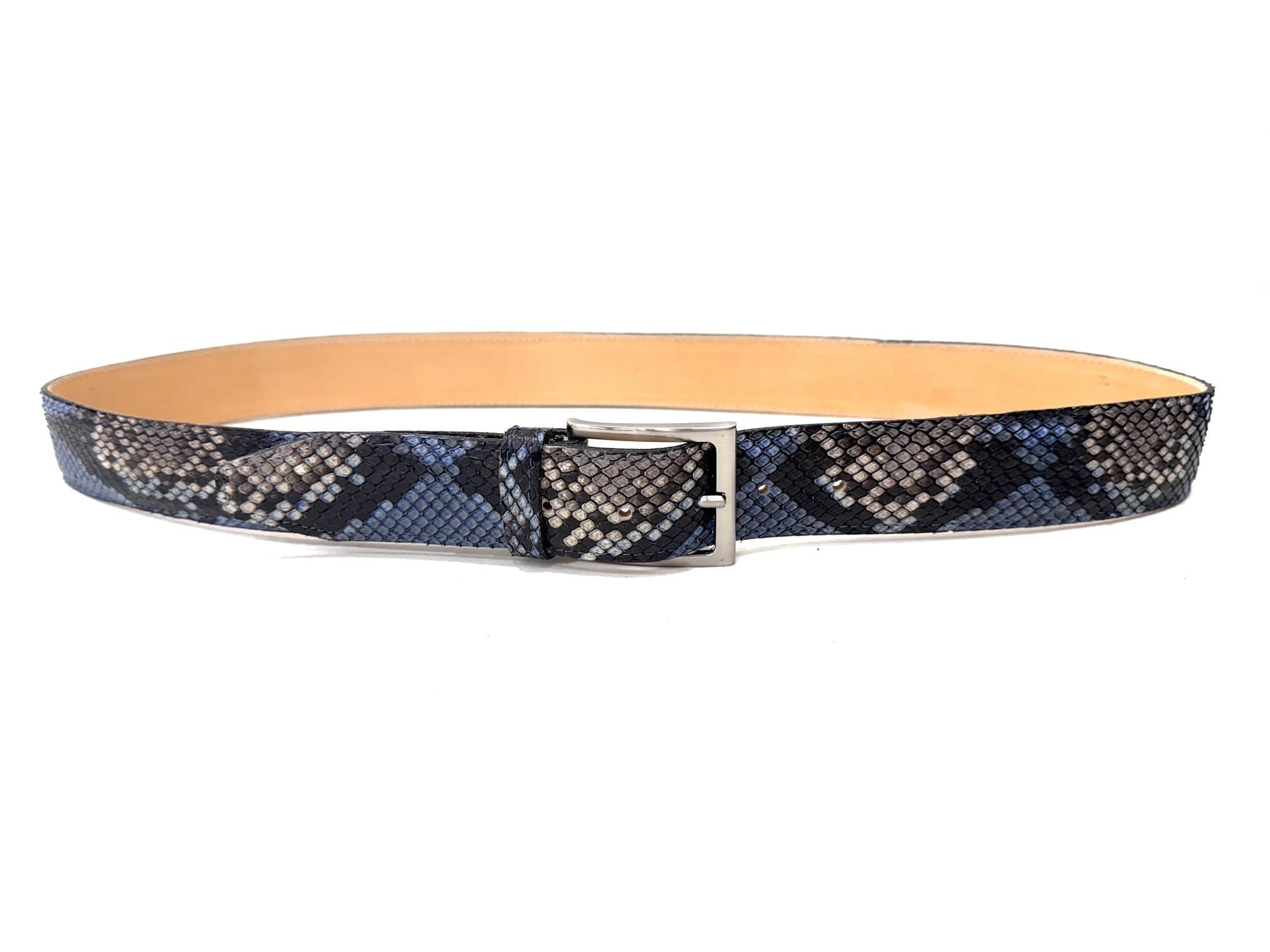Cintura uomo in vera pelle di pitone CITES GUATEMALA, colore AZZURRO / ROCCIA , CHIAROSCURO, Made in Italy