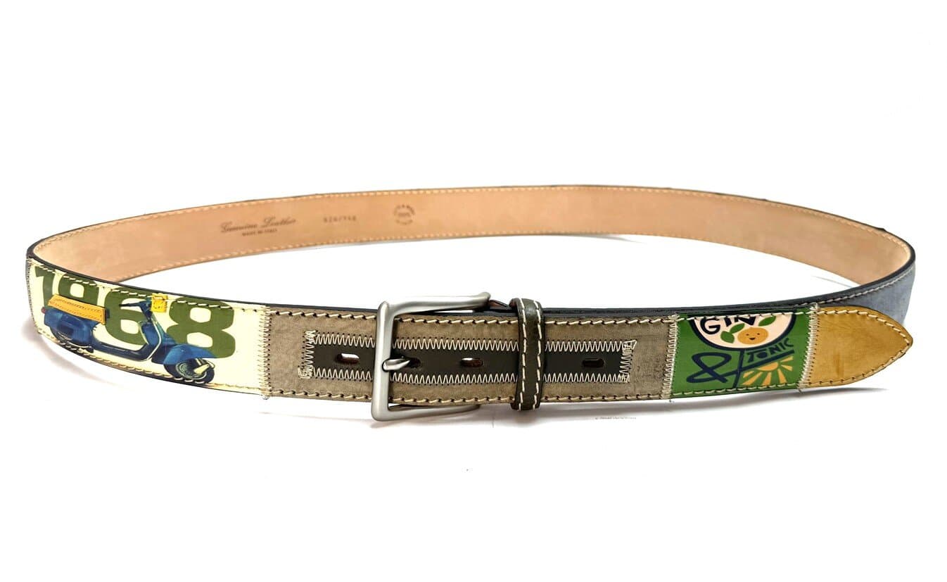 IMOLA: cintura vintage uomo in cuoio V22, colore : MULTICOLOR, tema fantasia MOTO / VESPA, cucite a mano, con applicazioni in pelle, Made in Italy