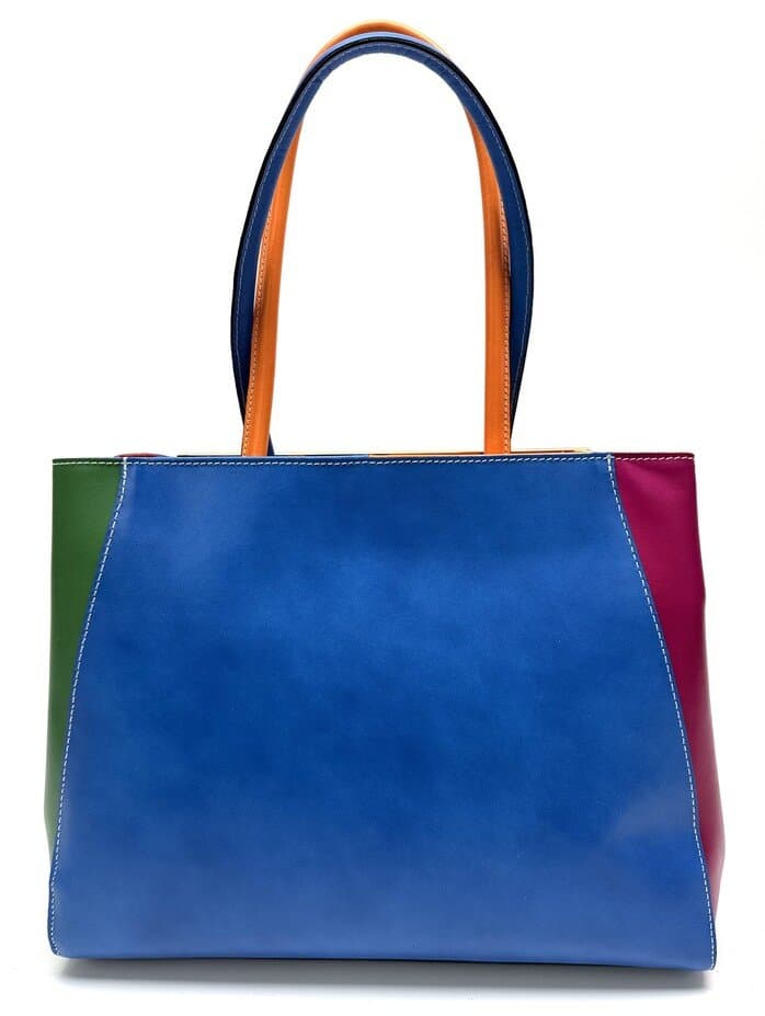 Borsa donna in vera pelle, CHIAROSCURO mod. HANA, base blu, colore MULTICOLORE / ESTIVO, Made in Italy