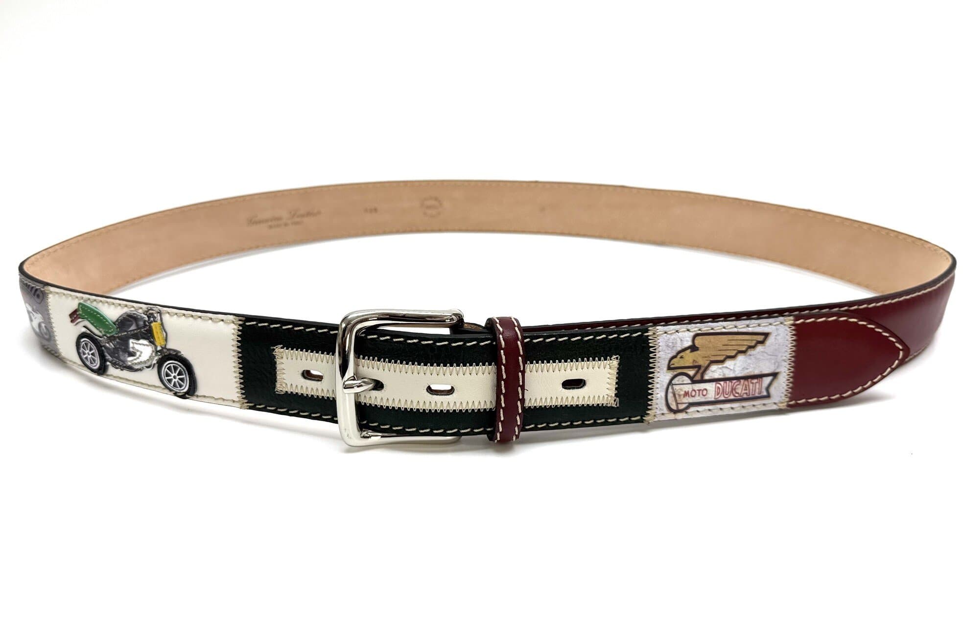 IMOLA: cintura vintage uomo in cuoio D42, colore : MULTICOLOR, cucite a mano, con applicazioni moto,in pelle, Made in Italy