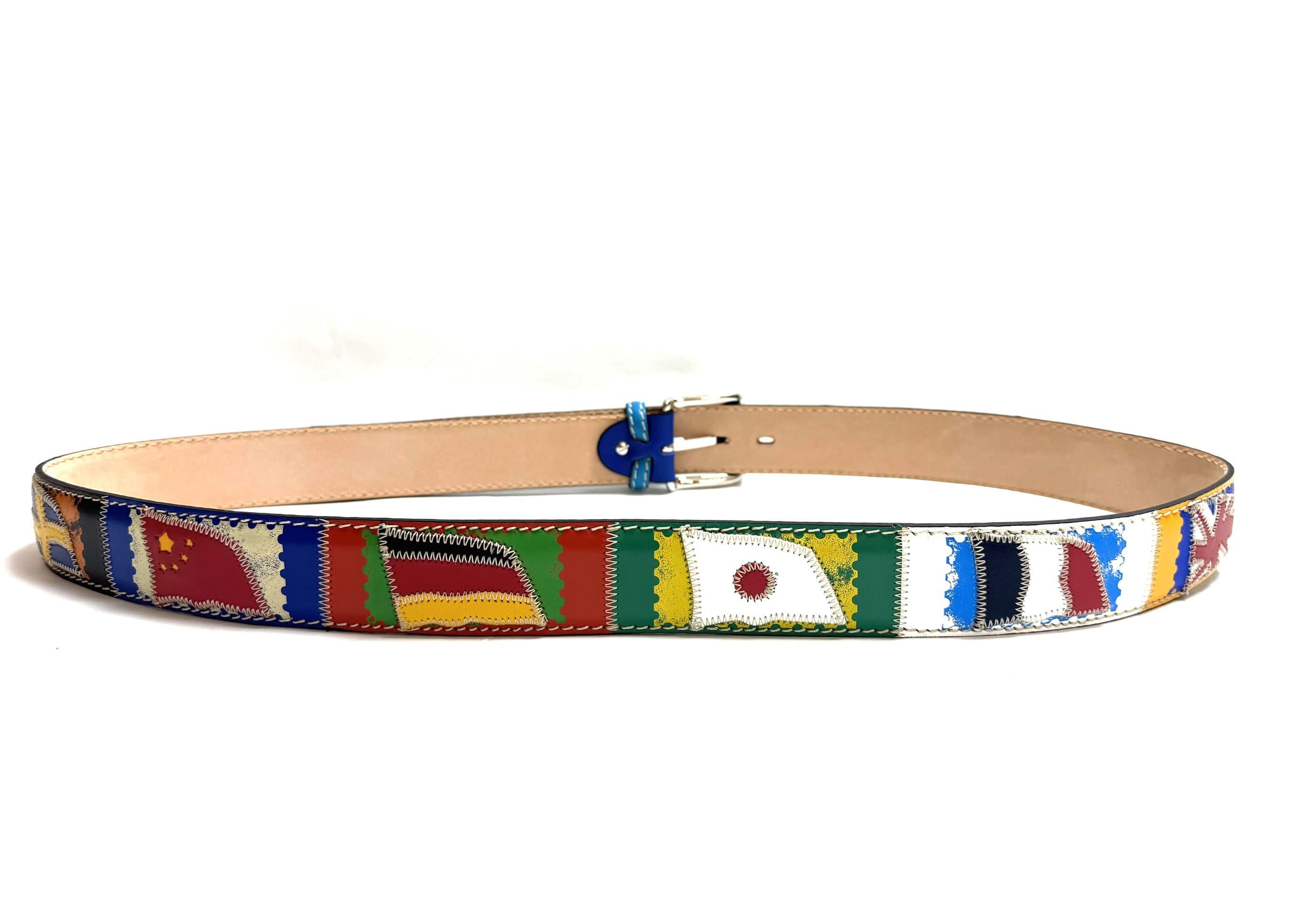 Cintura uomo in vera pelle BASILEA, colore BIANCO, con bandiere nazioni cucite a mano in pelle, con applicazioni in pelle, SANTINI, Made in Italy.