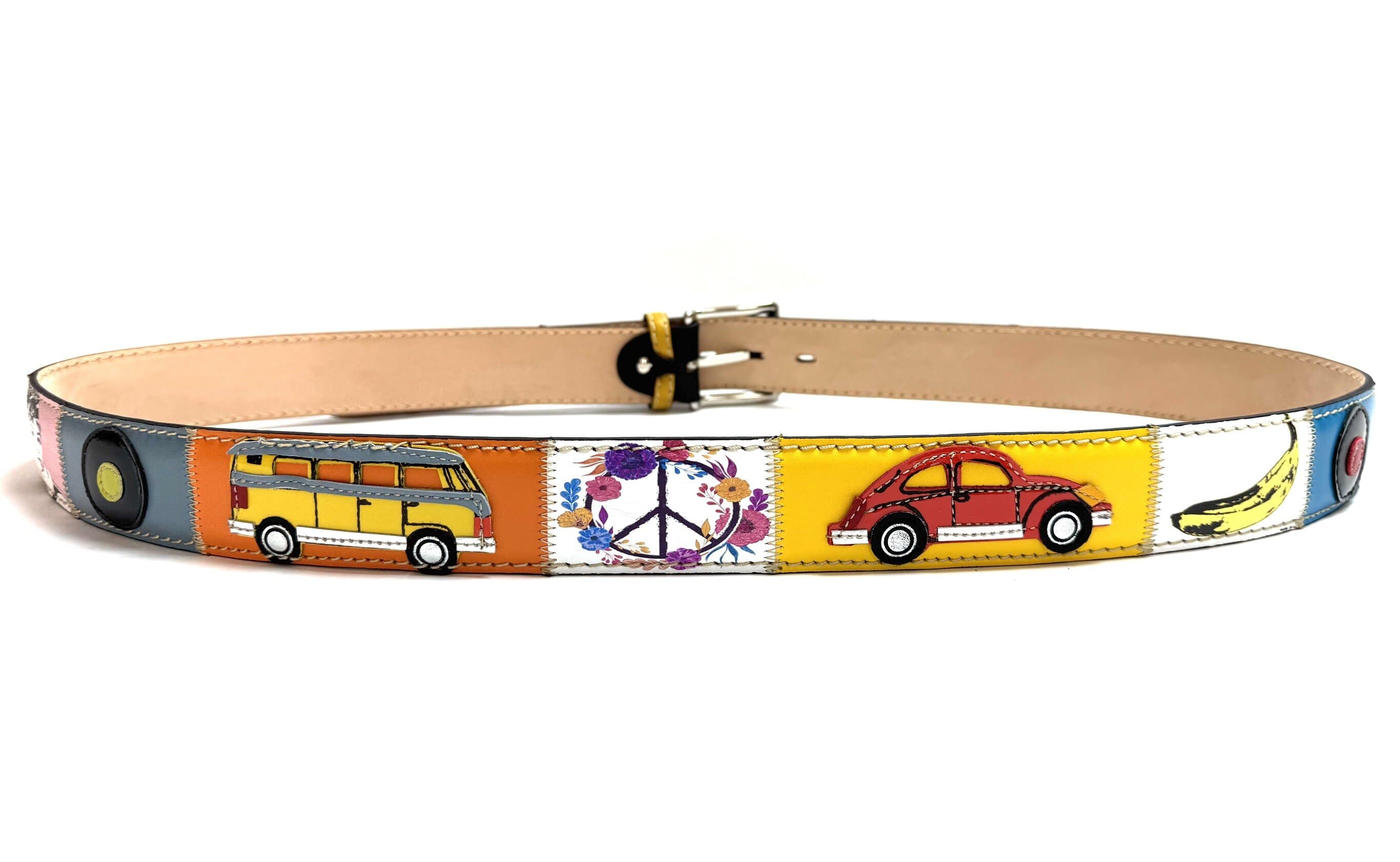 Cintura vintage uomo in vera pelle  KINGSTON DISCO MUSIC, colore MULTICOLOR, anni 50' e'60 con dettagli  musicali cuciti a mano in pelle, con applicazioni in pelle, SANTINI, Made in Italy