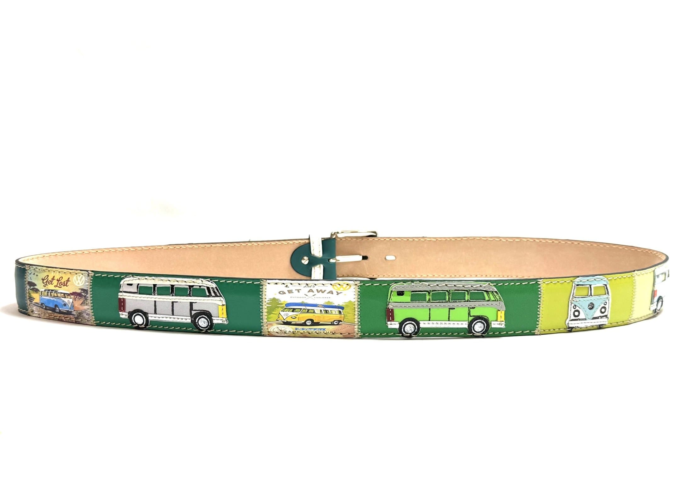 Cintura vintage uomo in vera pelle HANNOVER, colore MULTICOLOR, base VERDE, con applicazioni auto cucite a mano in pelle, SANTINI, Made in Italy