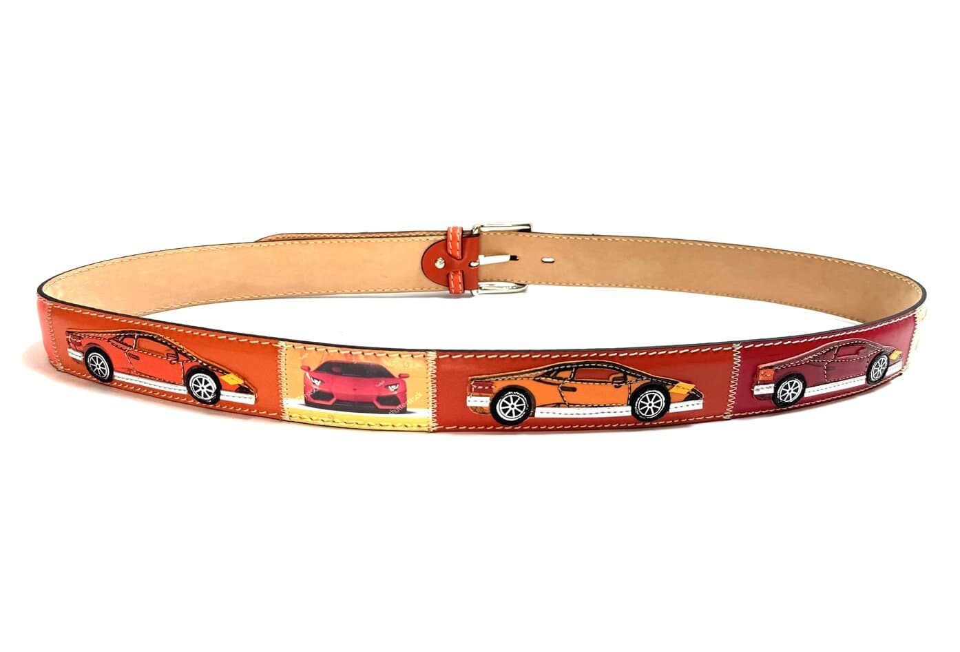 Cintura vintage uomo in vera pelle AMBURGO, colore MULTICOLOR, base ARANCIO, cucite a mano con applicazioni macchine in pelle, SANTINI, Made in Italy