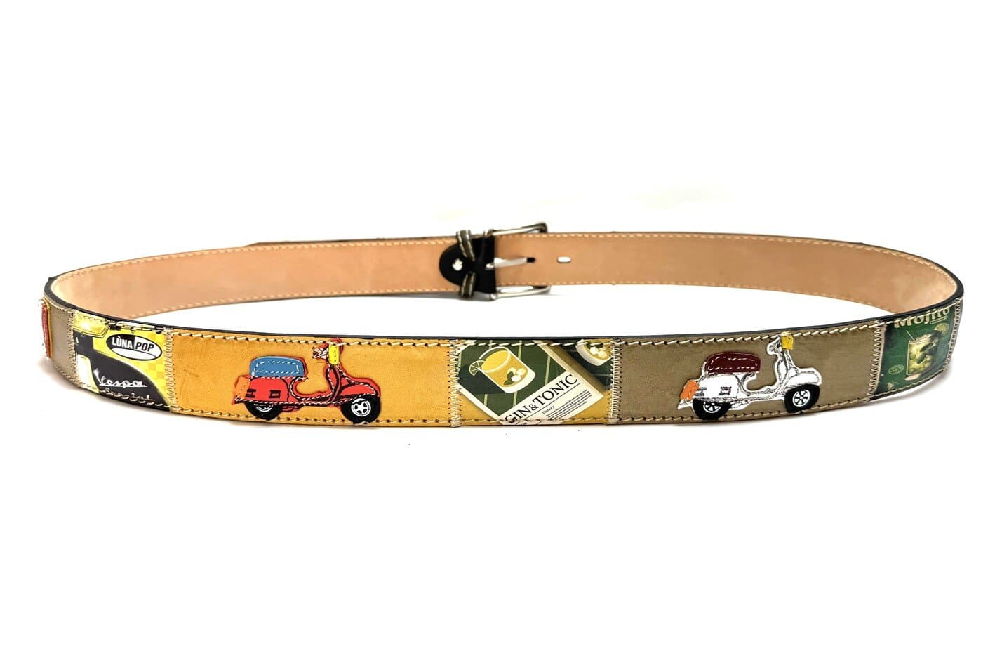 IMOLA: cintura vintage uomo in cuoio V22, colore : MULTICOLOR, tema fantasia MOTO / VESPA, cucite a mano, con applicazioni in pelle, Made in Italy