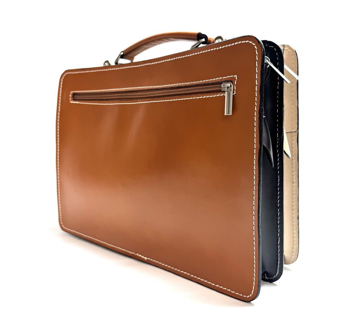 Borsa unisex in vera pelle ELVI MEDIUM, colore, MULTICOLORE, colore base CUOIO, Made in Italy. Misura ideale per tablet di media dimensione/ agende di lavoro.