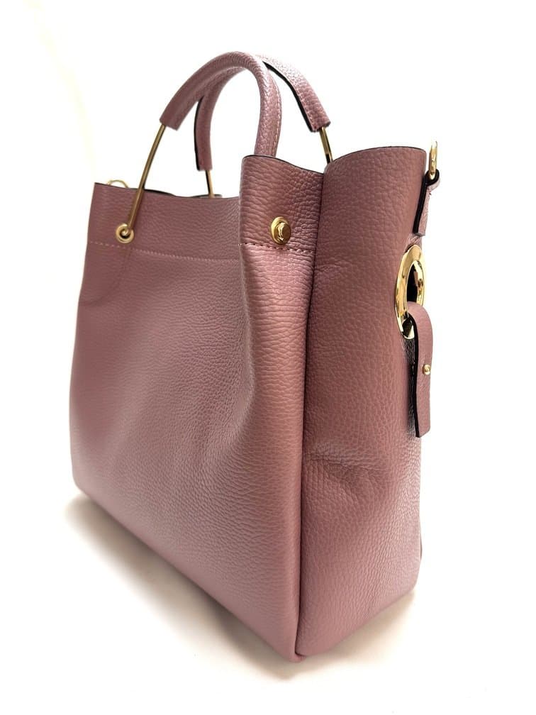 Borsa donna KAROLINA a spalla in vera pelle rigida, colore ROSA ANTICO, CHIAROSCURO, Made in Italy