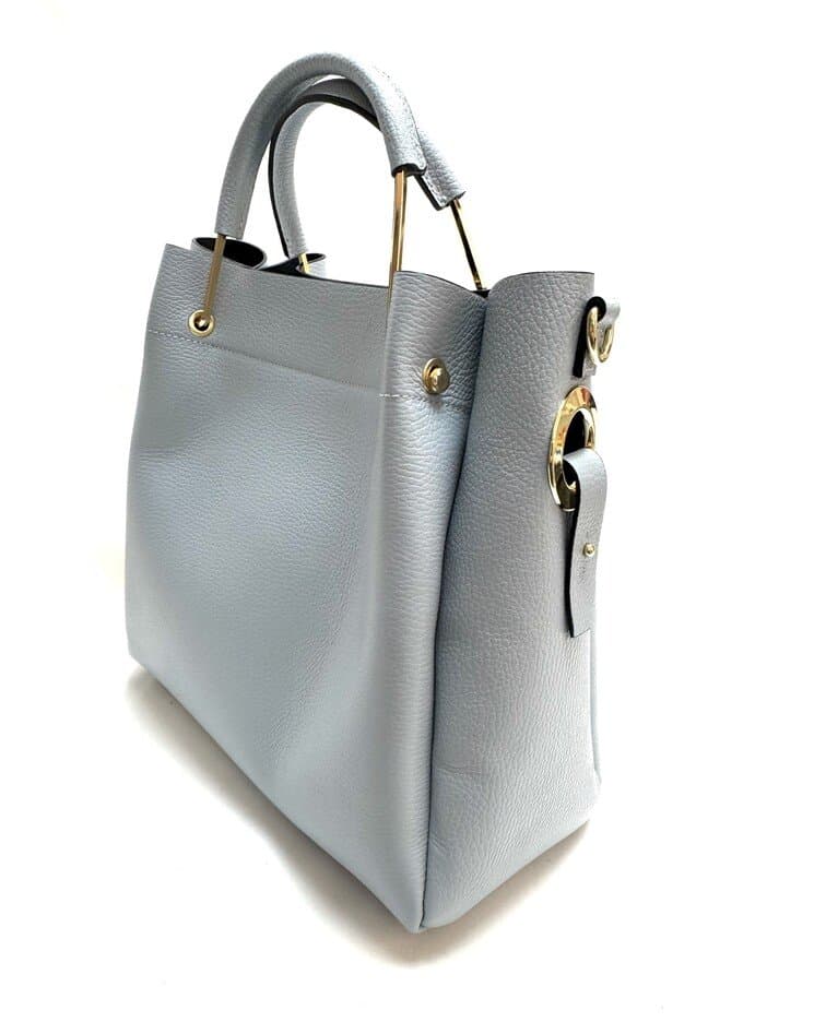 Borsa donna KAROLINA a spalla in vera pelle rigida, colore AZZURRO, CHIAROSCURO, Made in Italy