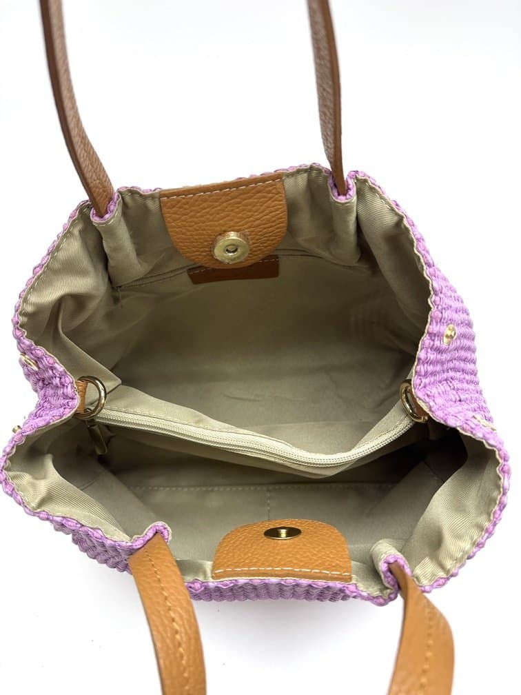Borsa da donna in vera pelle / rafia SCARLETT colore LILLA, CHIAROSCURO, Made in Italy