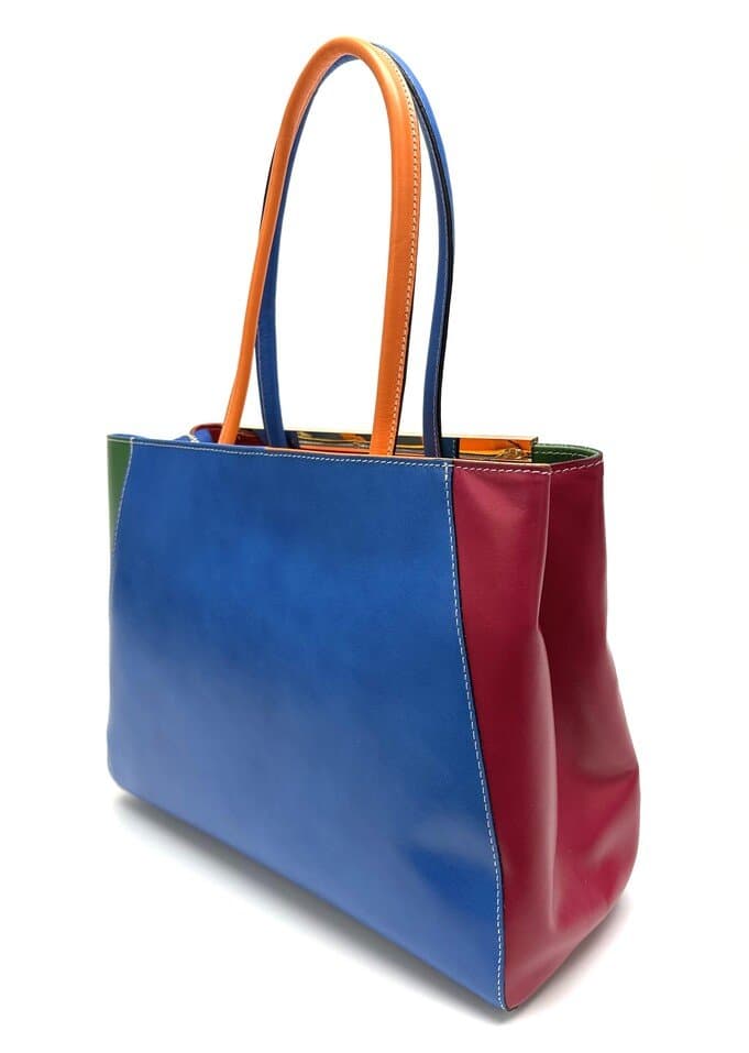 Borsa donna in vera pelle, CHIAROSCURO mod. HANA, base blu, colore MULTICOLORE / ESTIVO, Made in Italy
