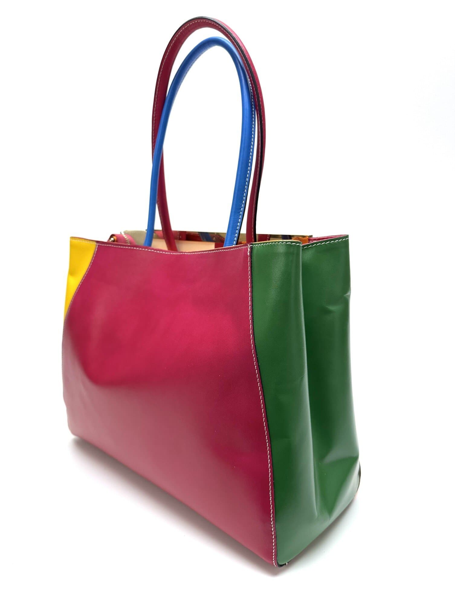 Borsa donna in vera pelle, CHIAROSCURO mod. HANA, base fucsia, colore MULTICOLORE / ESTIVO, Made in Italy