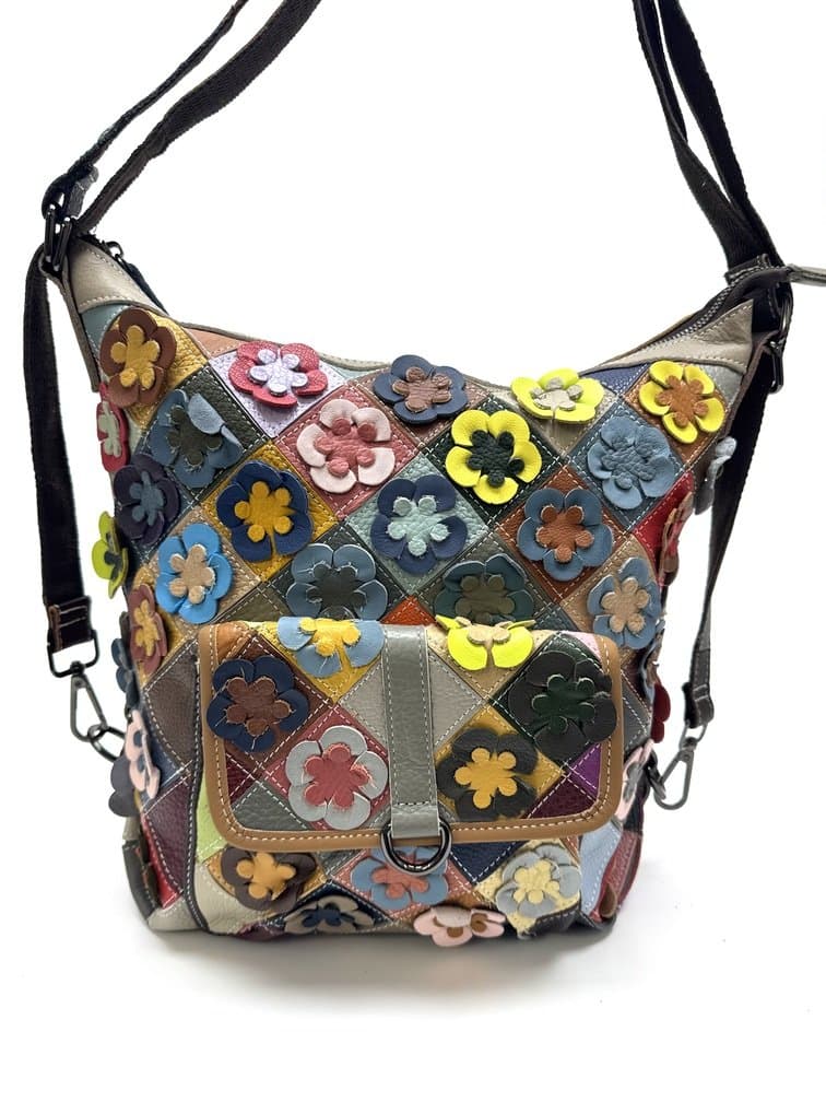 Borsa zaino ALICE, pelle vera morbida, multicolor-fiori, ARIANNA DINI