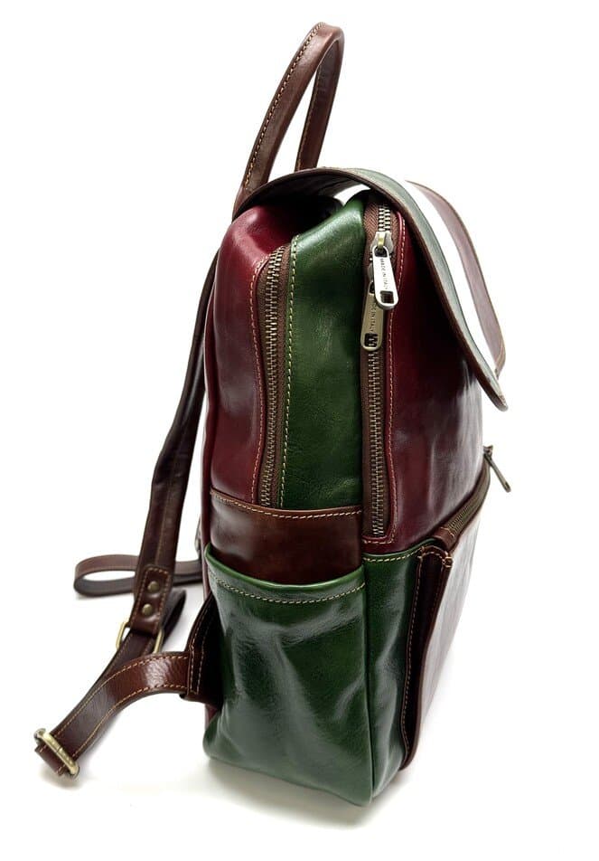 Zaino in vera pelle MONTE PELMO, TRICOLORE BANDIERA ITALIANA, colore  VERDE/BIANCO/ROSSO, CHIAROSCURO, Made in Italy
