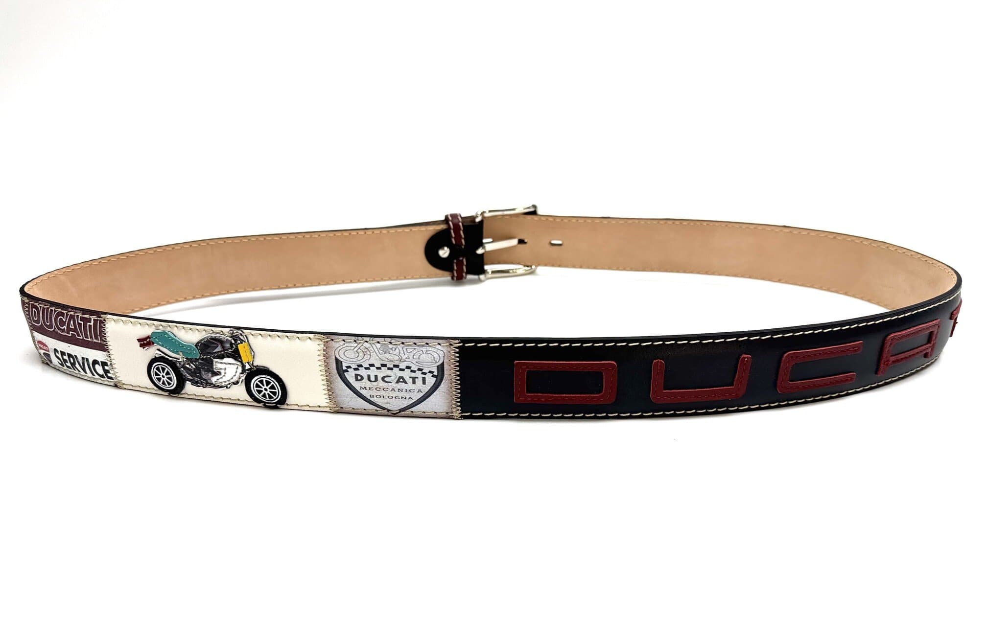 IMOLA: cintura vintage uomo in cuoio D42, colore : MULTICOLOR, cucite a mano, con applicazioni moto,in pelle, Made in Italy
