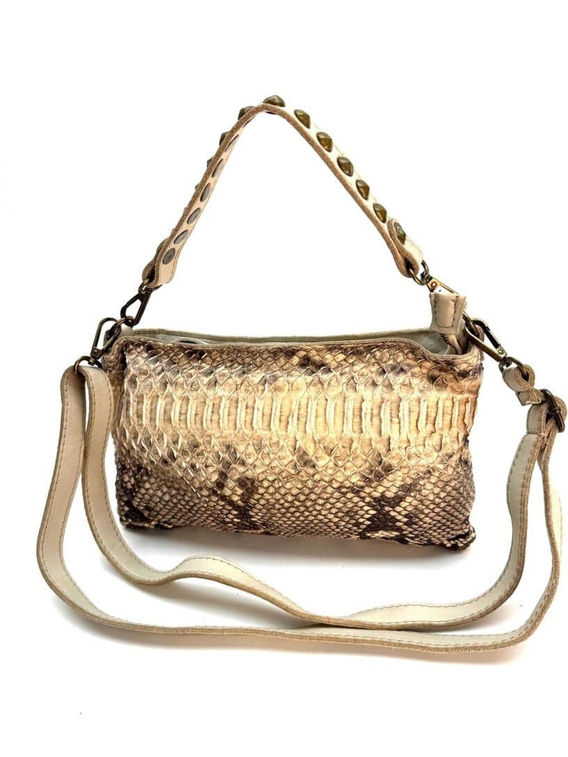 Genuine vintage leather and piton bag for woman ZELDA, colour ROCK, CHIAROSCURO, Made in Italy
