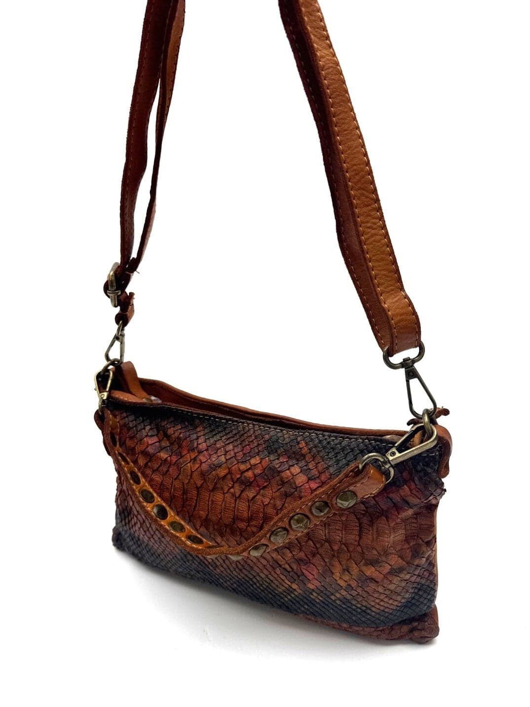 Genuine vintage leather and piton bag for woman ZELDA, colour BROWN/HONEY, CHIAROSCURO, Made in Italy