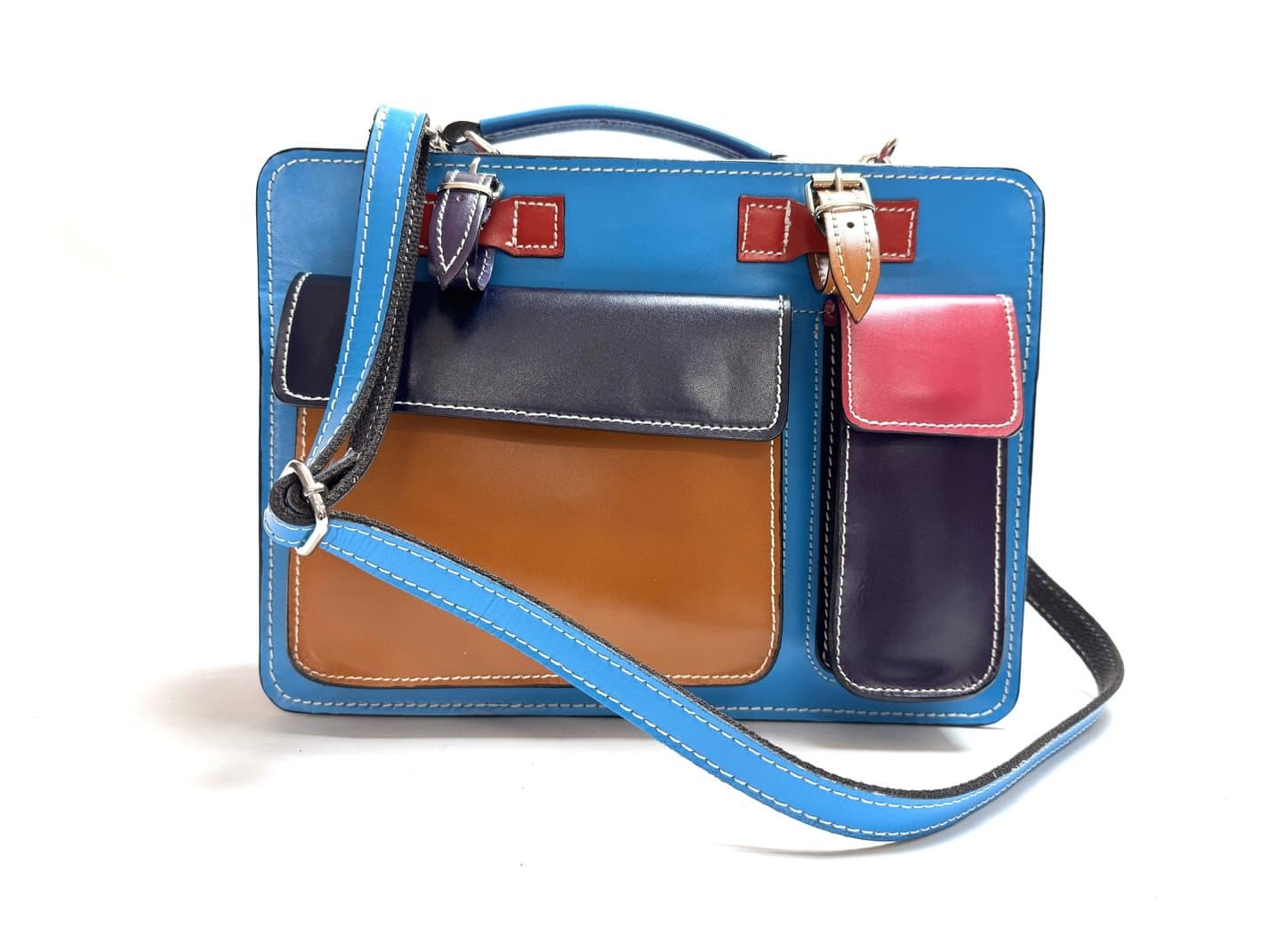 Borsa unisex in vera pelle ELVI MEDIUM, colore, MULTICOLORE, colore base AZZURRO, Made in Italy. Misura ideale per tablet di media dimensione/ agende di lavoro.
