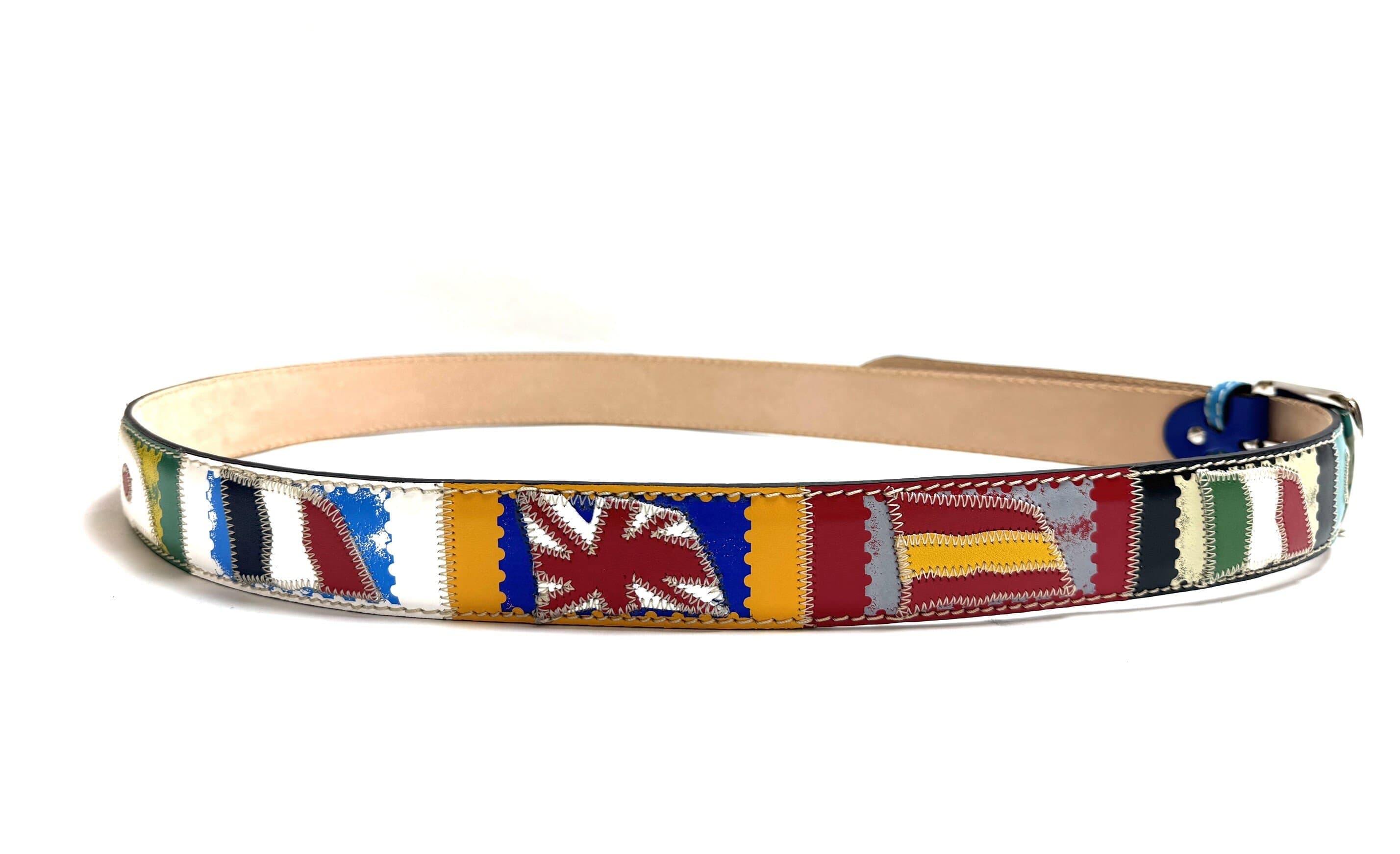 Cintura uomo in vera pelle BASILEA, colore BIANCO, con bandiere nazioni cucite a mano in pelle, con applicazioni in pelle, SANTINI, Made in Italy.