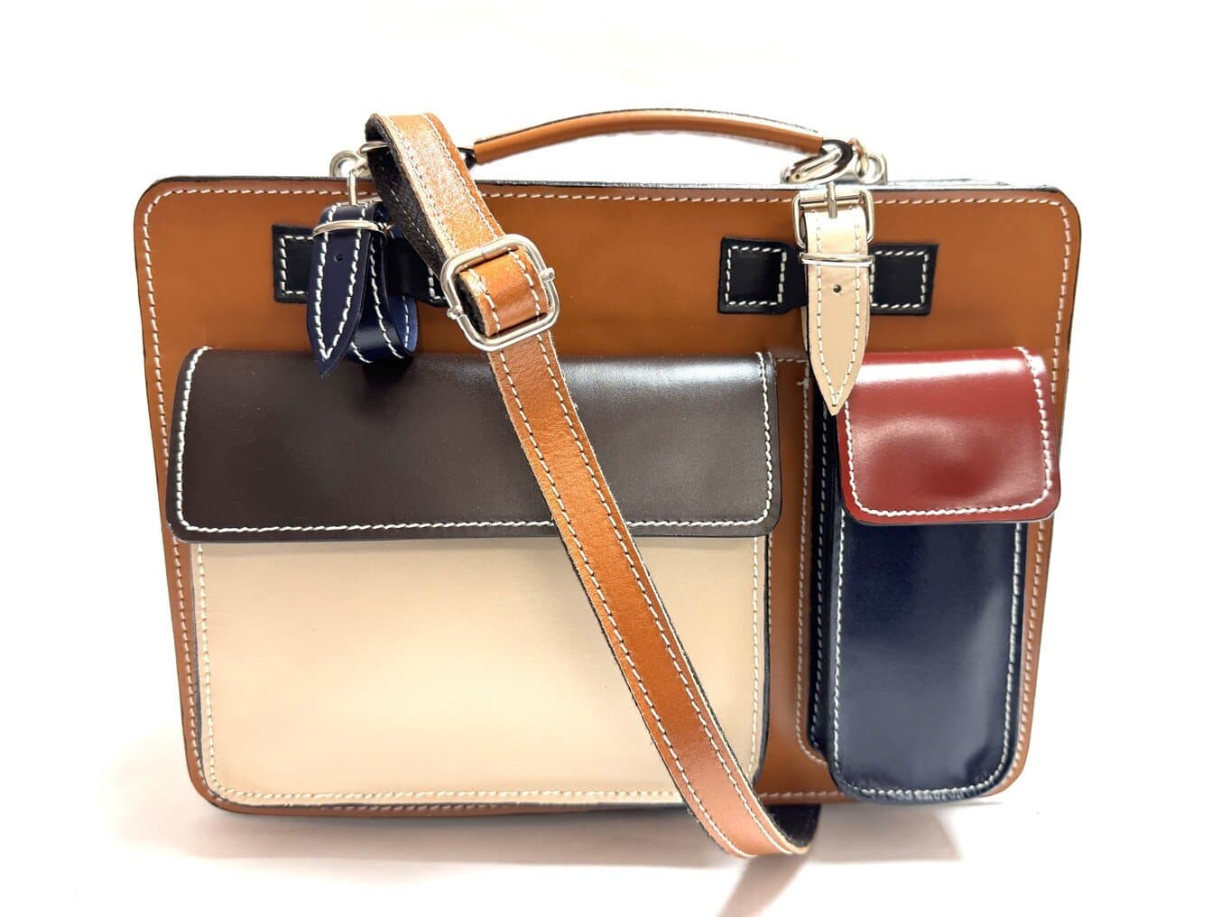 Borsa unisex in vera pelle ELVI MEDIUM, colore, MULTICOLORE, colore base CUOIO, Made in Italy. Misura ideale per tablet di media dimensione/ agende di lavoro.
