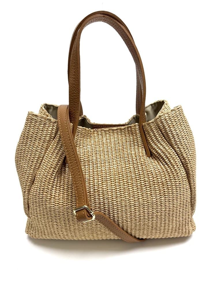 Borsa da donna in vera pelle / rafia SCARLETT colore GIALLO RAFIA, CHIAROSCURO, Made in Italy