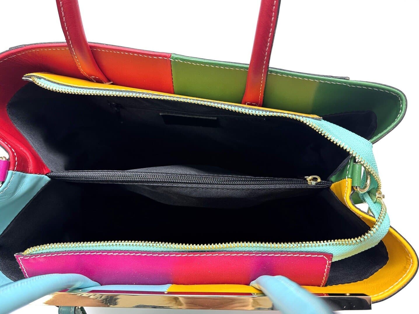 Borsa donna in vera pelle CHIAROSCURO mod. HANA, base verde Tiffany, colore MULTICOLORE / ESTIVO Made in Italy